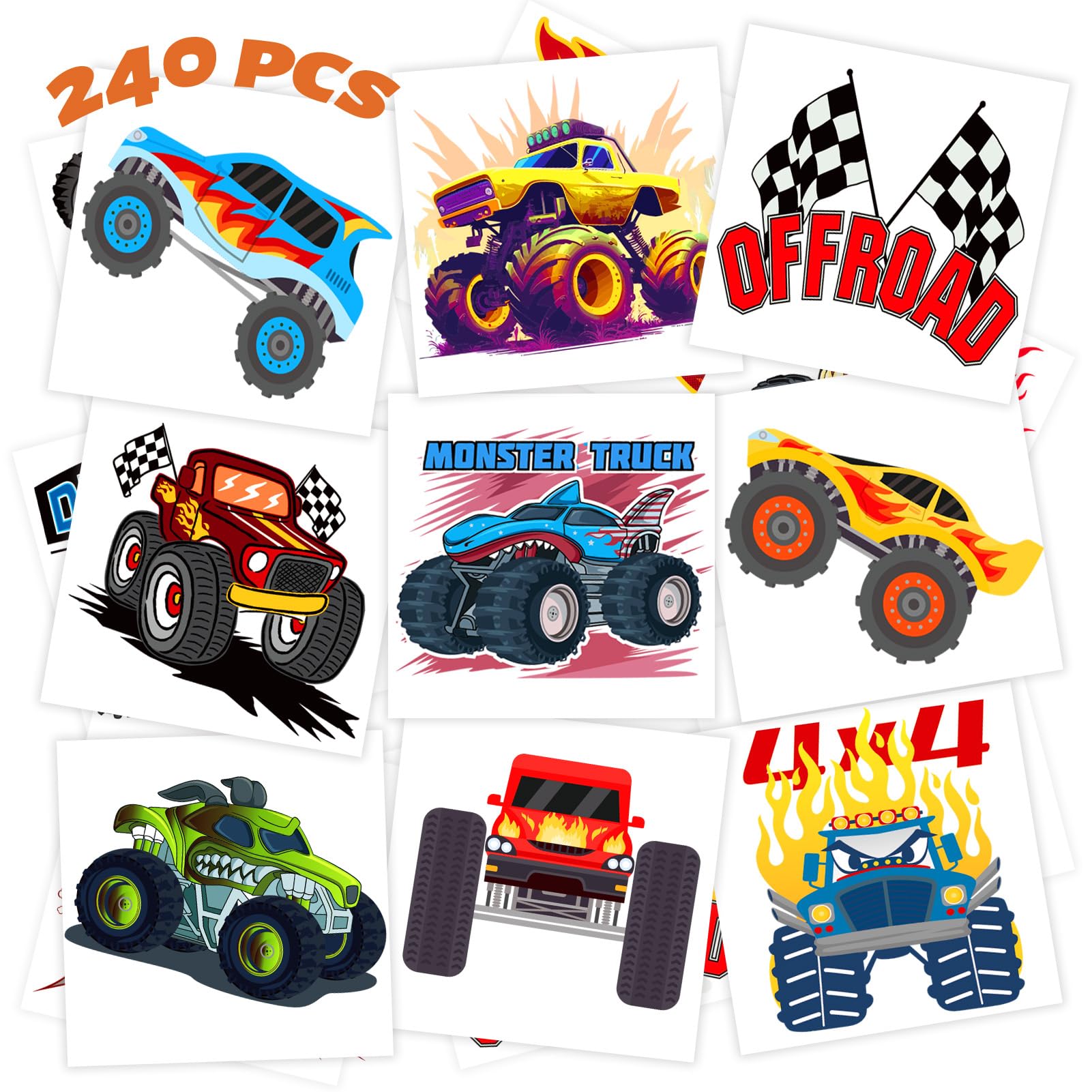winthrop 240 Pcs Monster Truck Temporary Tattoos for Kids, Individually Wrapped Waterproof Safety Truck Tattoos Stickers, Best Choice for Classroom Gifts Bag Stuffers, 60 Different Designs Big Cars