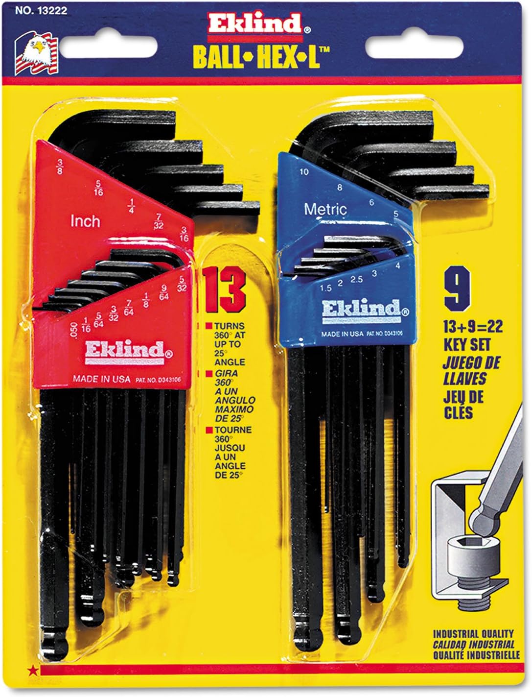 Eklind Tool Ball-Hex-L Key Sets, 22 per set, Hex Ball Tip, Inch/Metric, Black Oxide