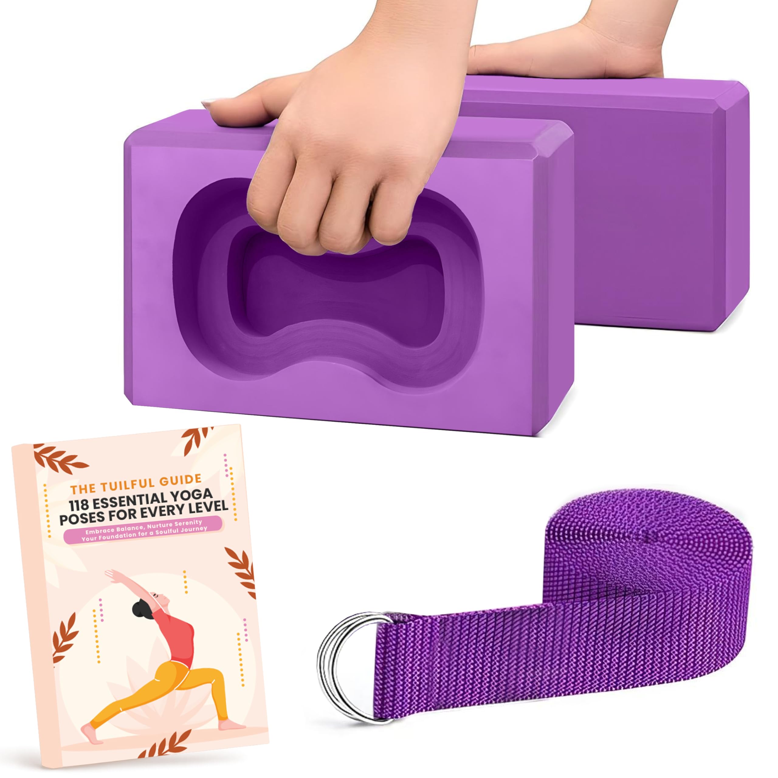 Yoga Blocks 2-Pack Kit with Strap & Free Ebook Guide – Non-Slip Yoga Accessories Set for Home, Gym & Pilates | Stretching, Splits & Exercise EVA Foam Bricks Gifts for Women (Yoga Block + Strap)