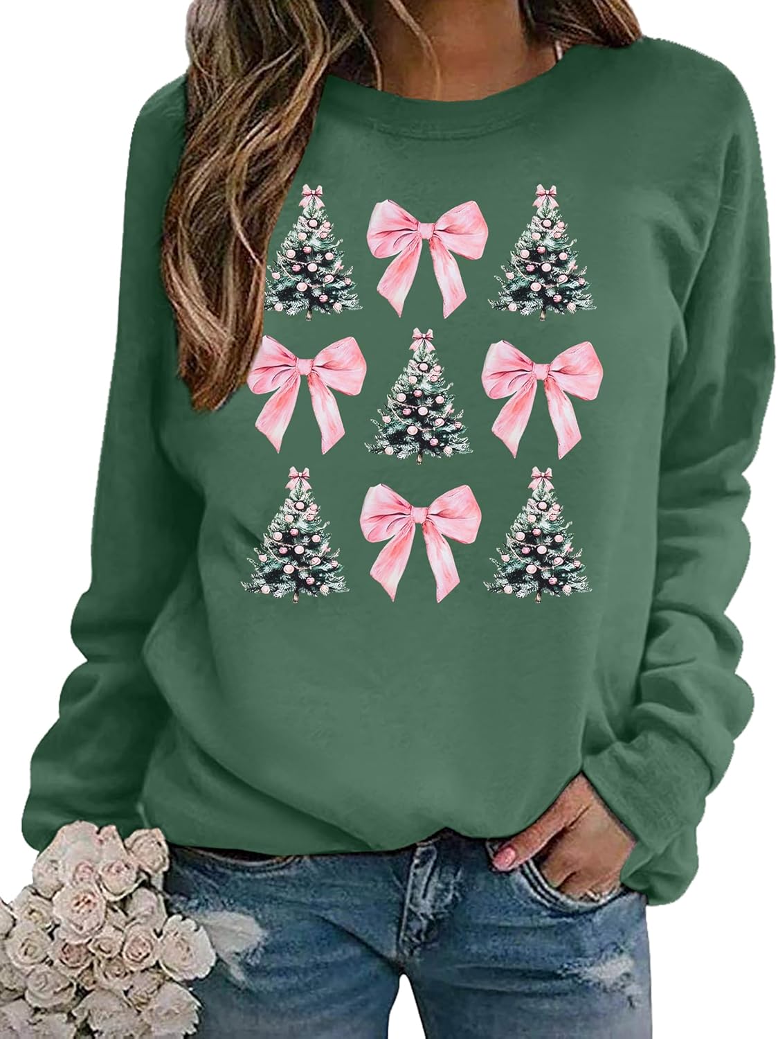 ASTANFY Christmas Tree Sweatshirts Women Christmas Coquette Bow Graphic Pullover Holiday Long Sleeve Tee Tops - Image 4