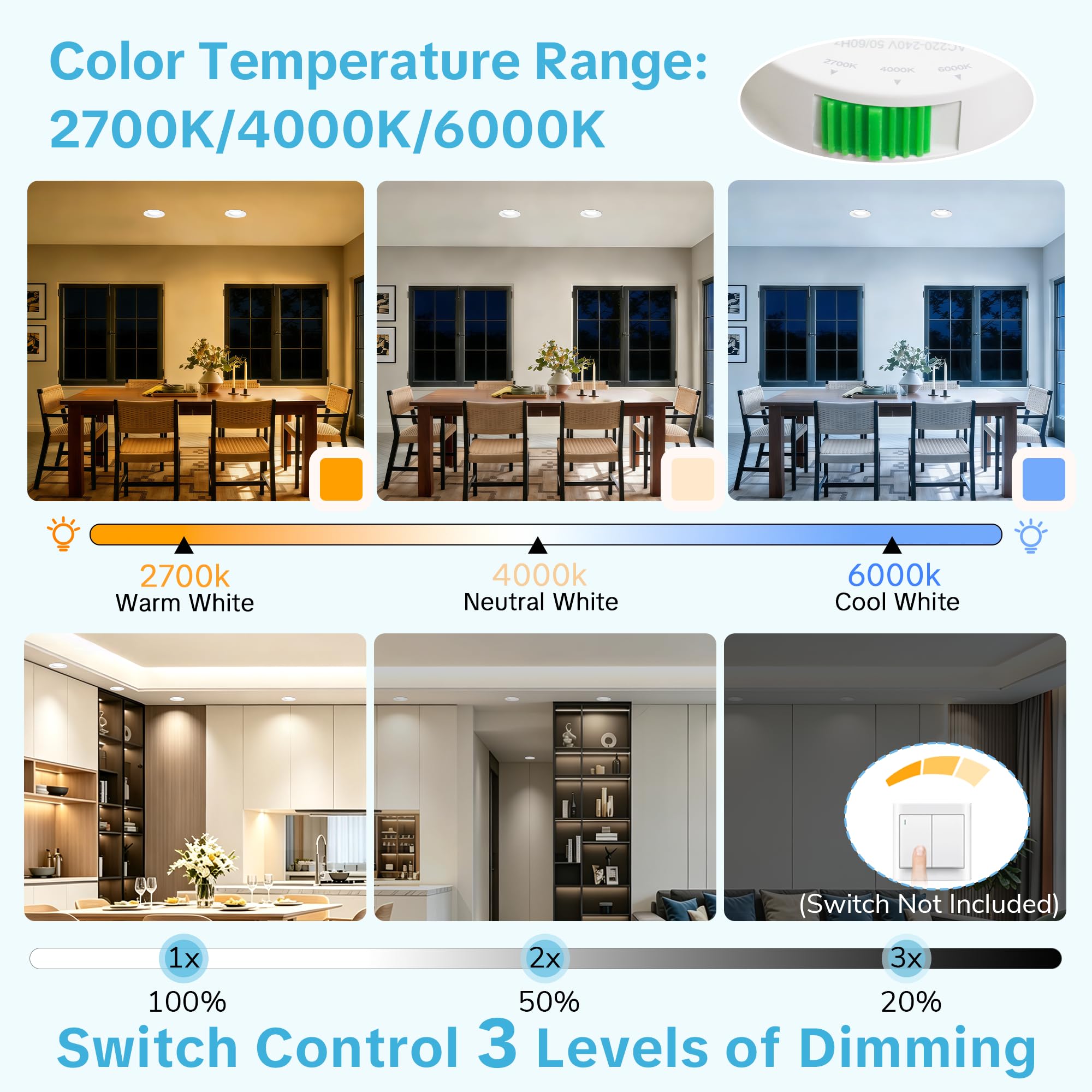 Spot LED Encastrable Dimmable 3 Intensités 230V, 5W Spots de Plafond Orientable Blanc Chaud/Neutre/Froid Réglable, Extra Plat IP44 Spot Salle de Bain, Trou Ø68-80mm, Blanc Lot de 10
