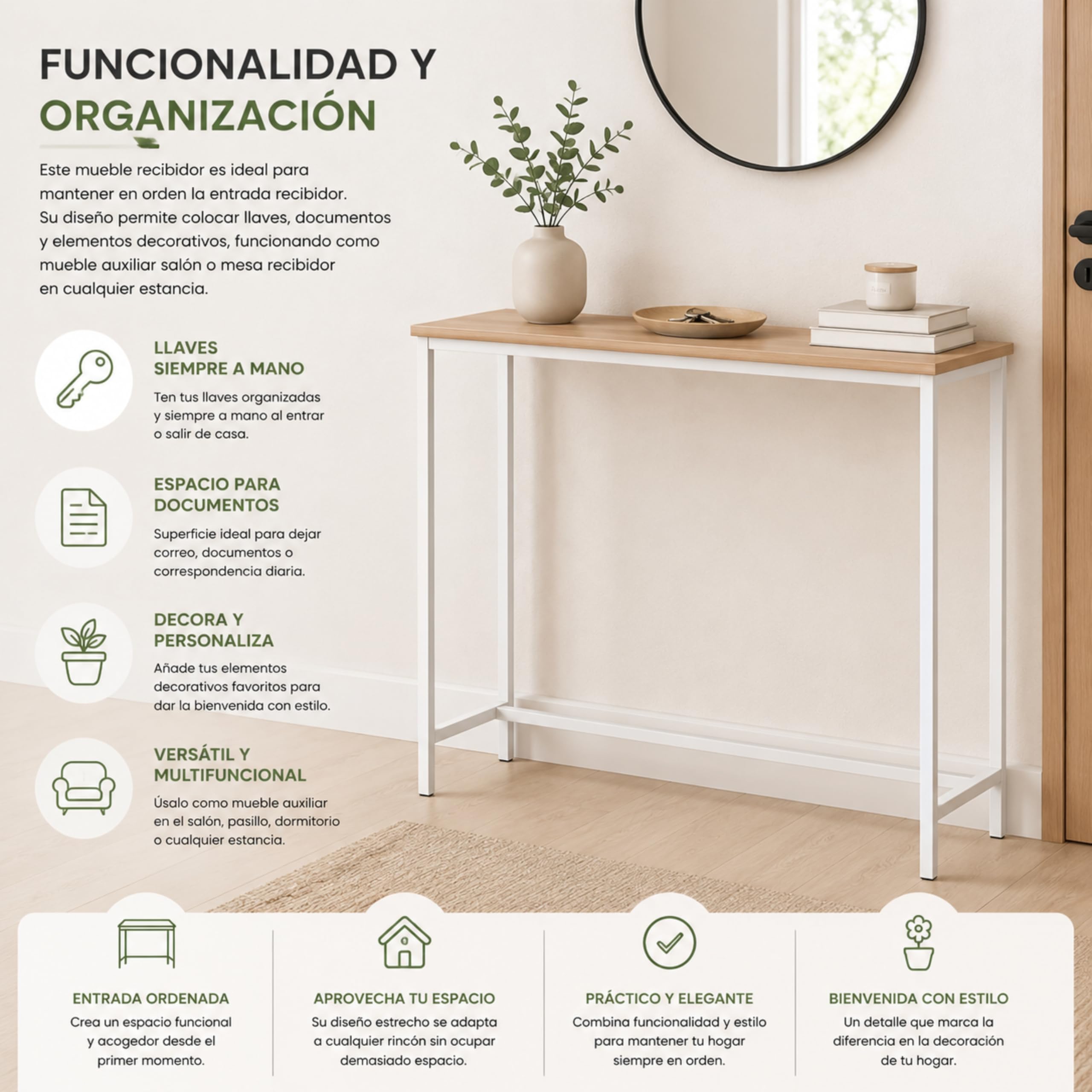 Mueble Entrada, Ideal para Recibidores de Entrada, Mueble Recibidor con diseño Moderno, Color Blanco con Roble Sonoma, 80 x 25 x 80 cm. EON