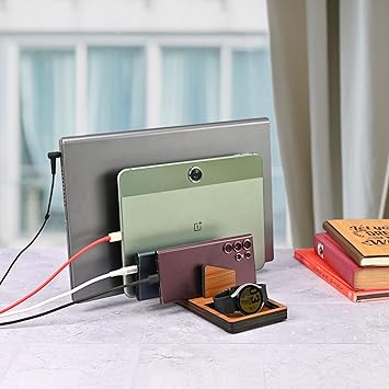 Laptop Stand, Tablet Stand, Mobile, and Power Bank, All in One Multi Device Charging Station and Organizer, Wooden Vertical rakshabandhan Gift for Brother Laptop Stand Holder - Dark Wood - image, photos