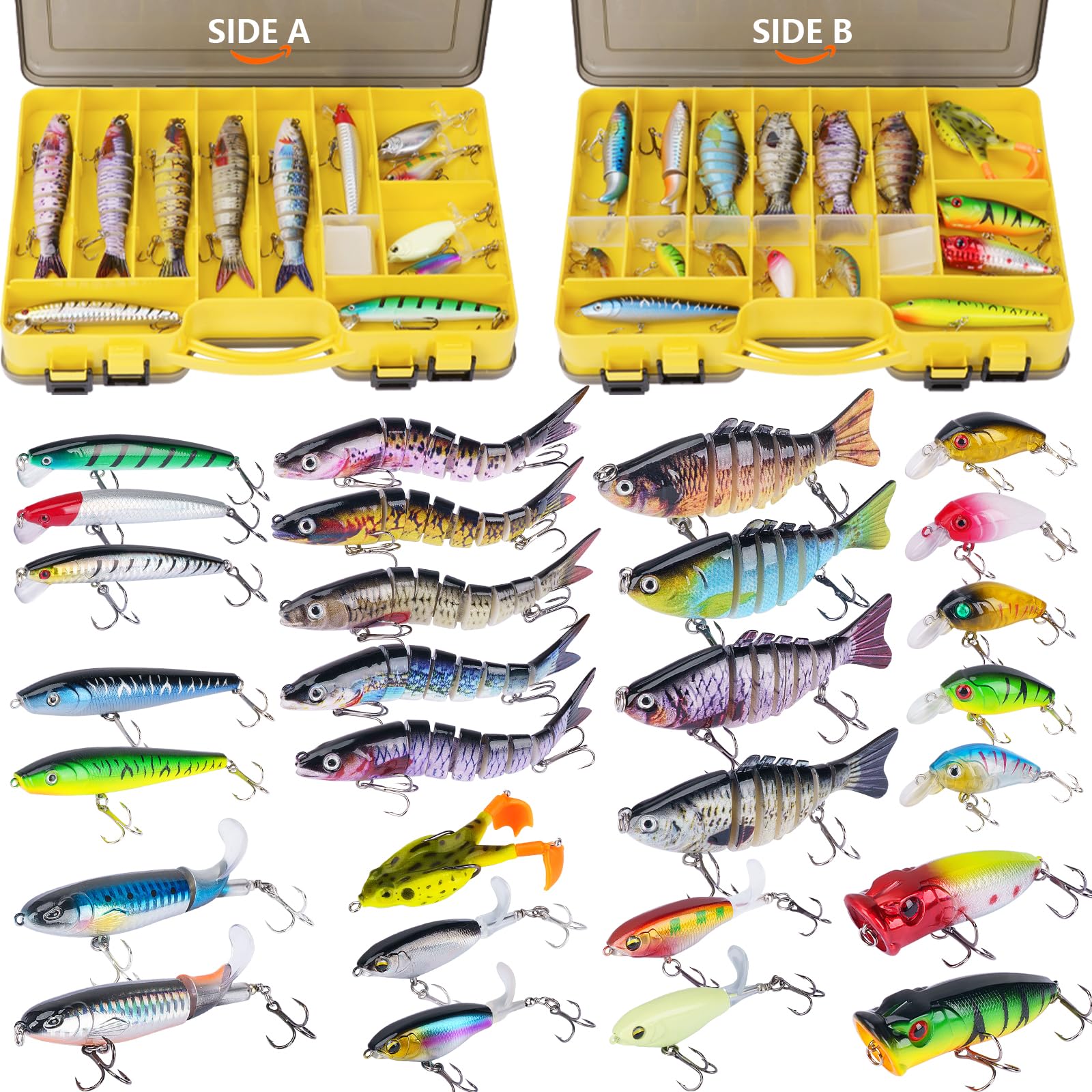 THKFISH Kit de leurres de pêche avec appâts nageurs multi-articulés, appâts de surface, crankbaits, crayon, grenouille, méné, 28 pièces, articles de pêche à la truite, au bar, coffret cadeau pour eau