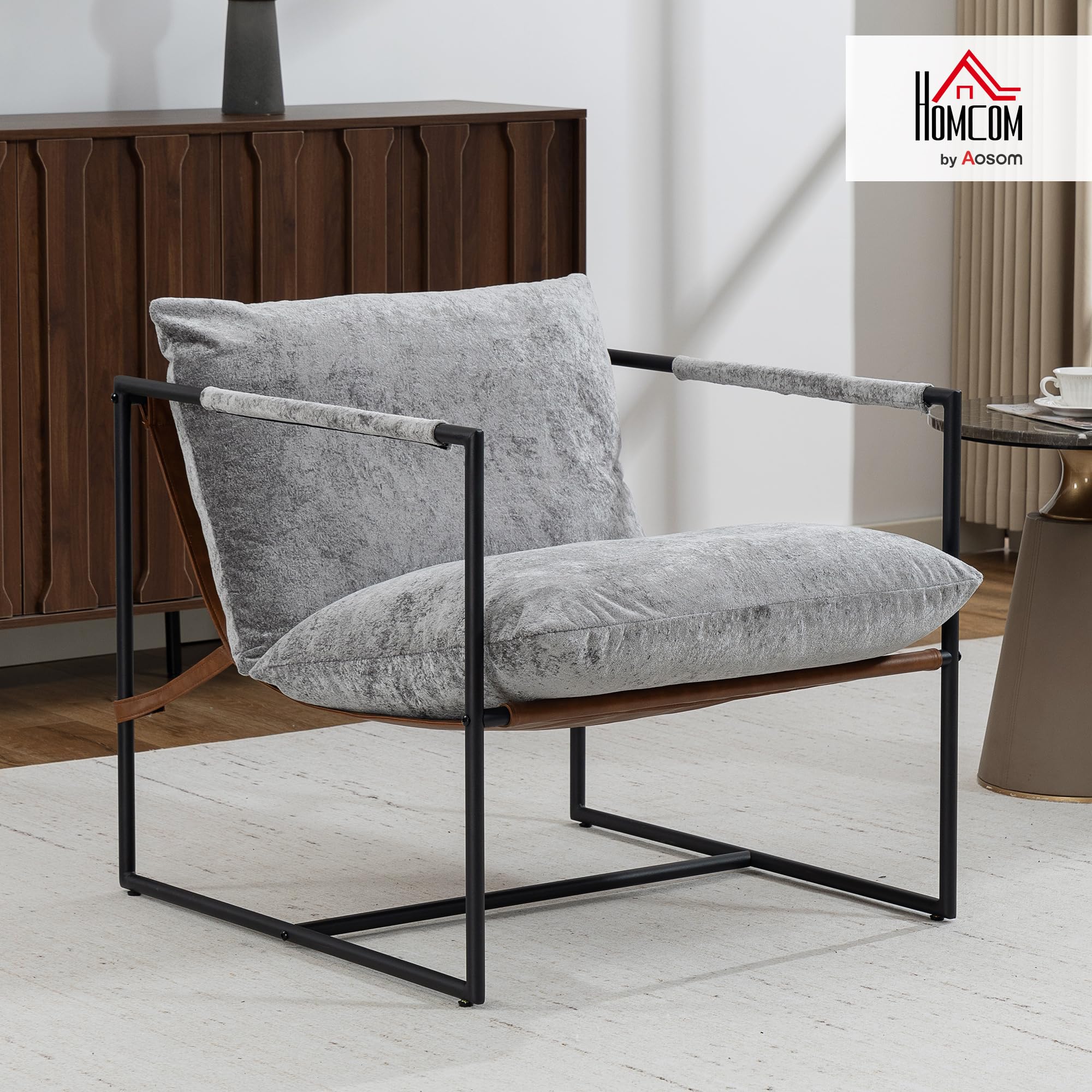 HOMCOM Fauteuil Salon, Fauteuil d'Appoint Rembourré en Tissu Bouclette avec Large Assise et Structure en Acier, Chaise de Salon, Chambre, Coin Lecture, Gris Clair