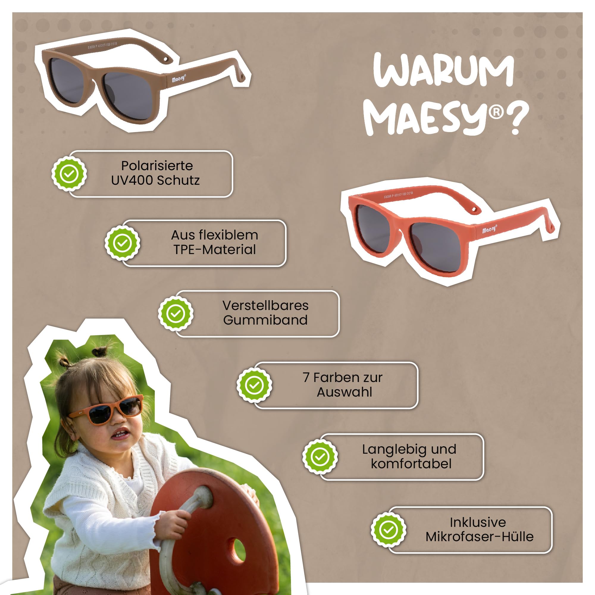 Baby Sonnenbrille für 0-2 Jahre - UV400 Polarisierter Schutz - Flexibler und Biegsamer Rahmen - Verstellbares Gummiband - Sichere und Bequeme Babysonnenbrillen - Quadratisch - Indi