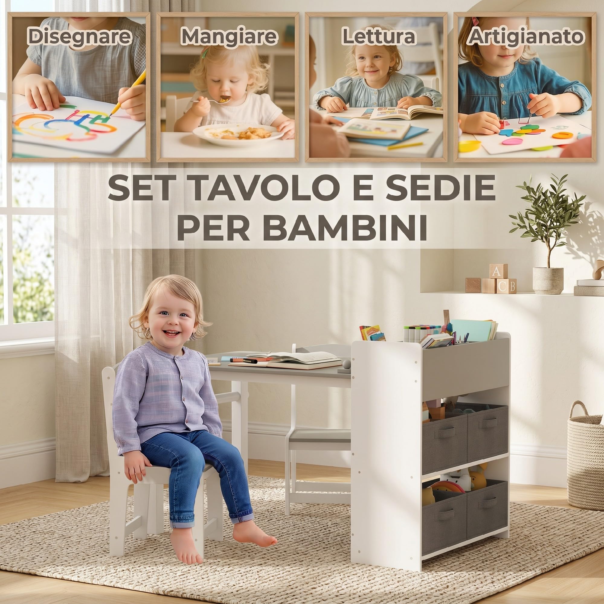AIYAPLAY Set Tavolo e Sedie per Bambini 3-8 Anni con 2 Sedie e Tavolino con Spazio Contenitore, Mobili per Bambini in Legno di Pino e Tessuto non Tessuto, Bianco e Grigio
