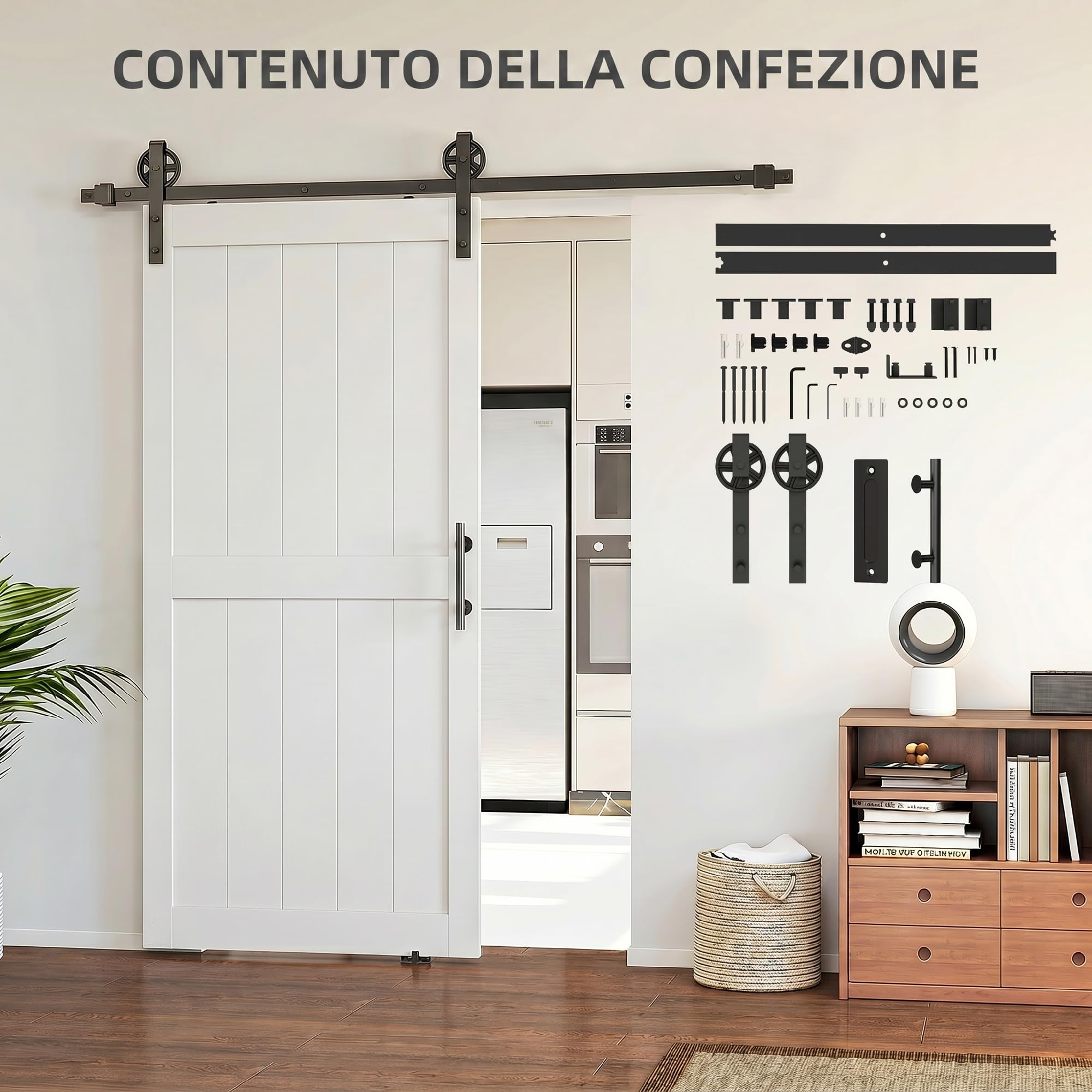 HOMCOM Porta Scorrevole Esterna Muro 91.5x213.4cm, Binario Acciaio, Maniglia Migliorato, Ruote, Porta da Interno in Stile Industriale, in MDF e Legno Pino, Impermeabile, per Cucina, Bagno, Soggiorno