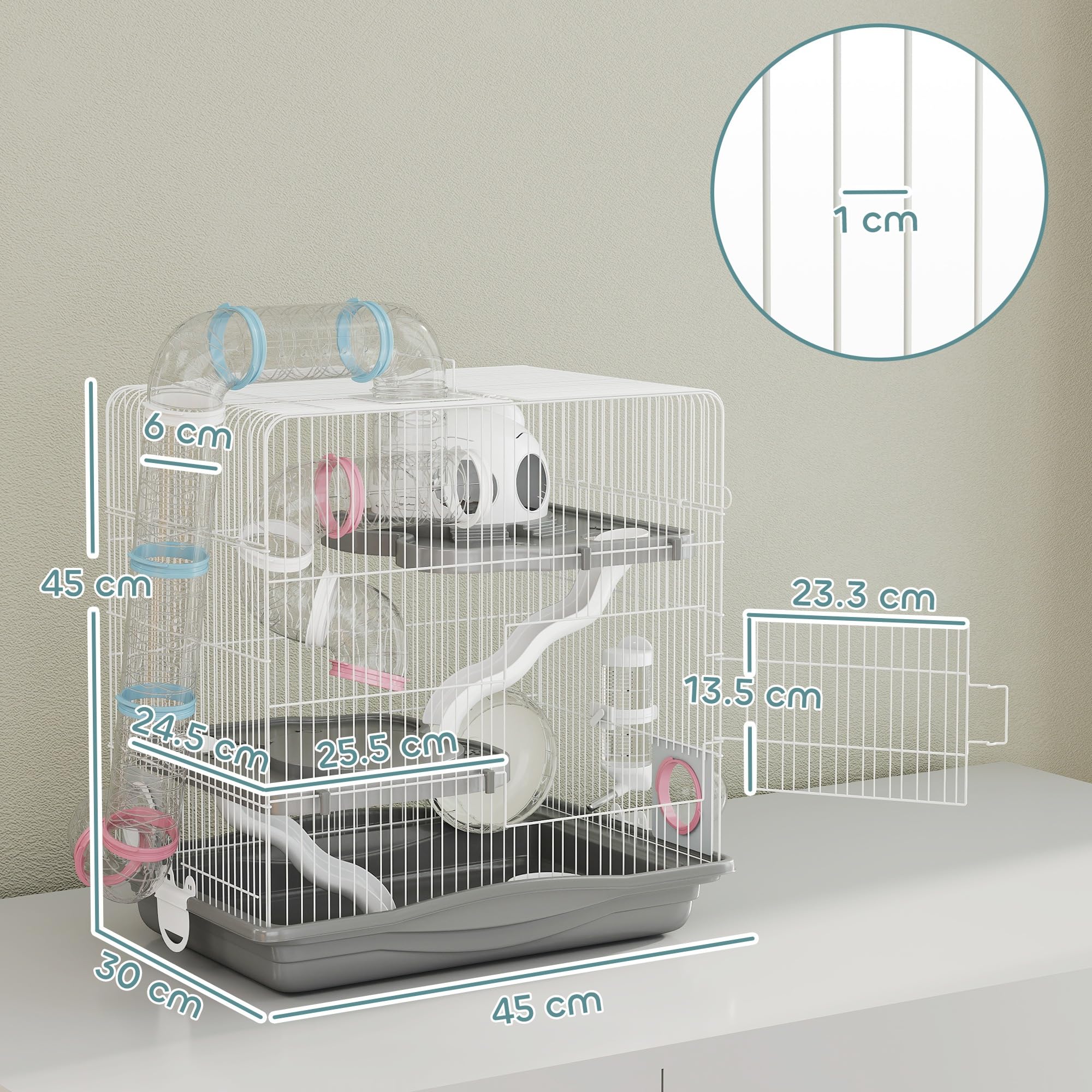 PawHut Gabbia per Criceti a 3 Livelli e 14 Tubi con Casetta, Rampa, Ciotole, Serbatoio per l'Acqua e Vassoio Antigoccia, Gabbietta per Criceti in Metallo e Plastica, 45x30x45 cm, Grigio