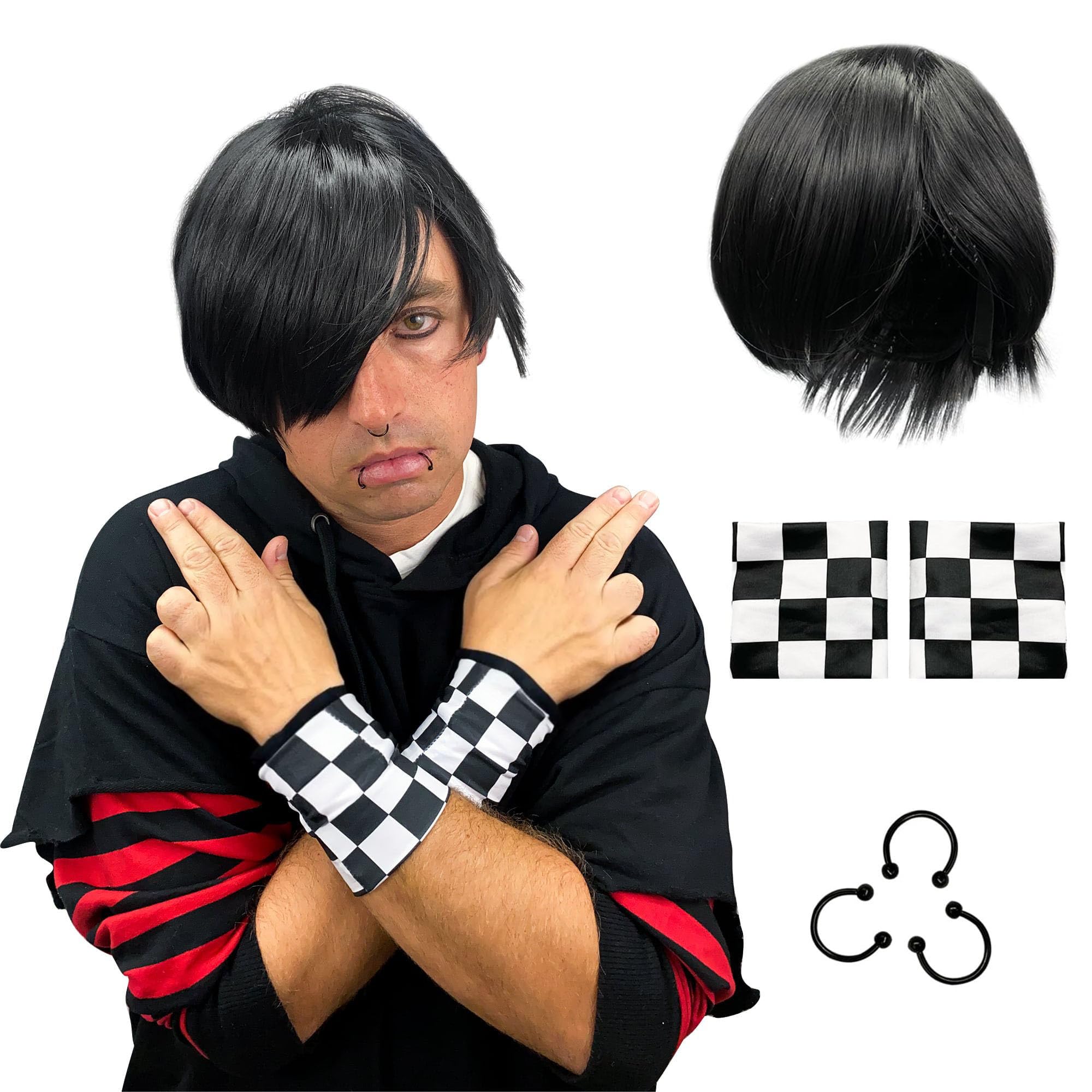 Watt's Wigs - Emo Costume Set for Men - 2000s Goth Pop Punk Scene Kid Party - Black Wig, Fake Piercings and Checkered Wristbands