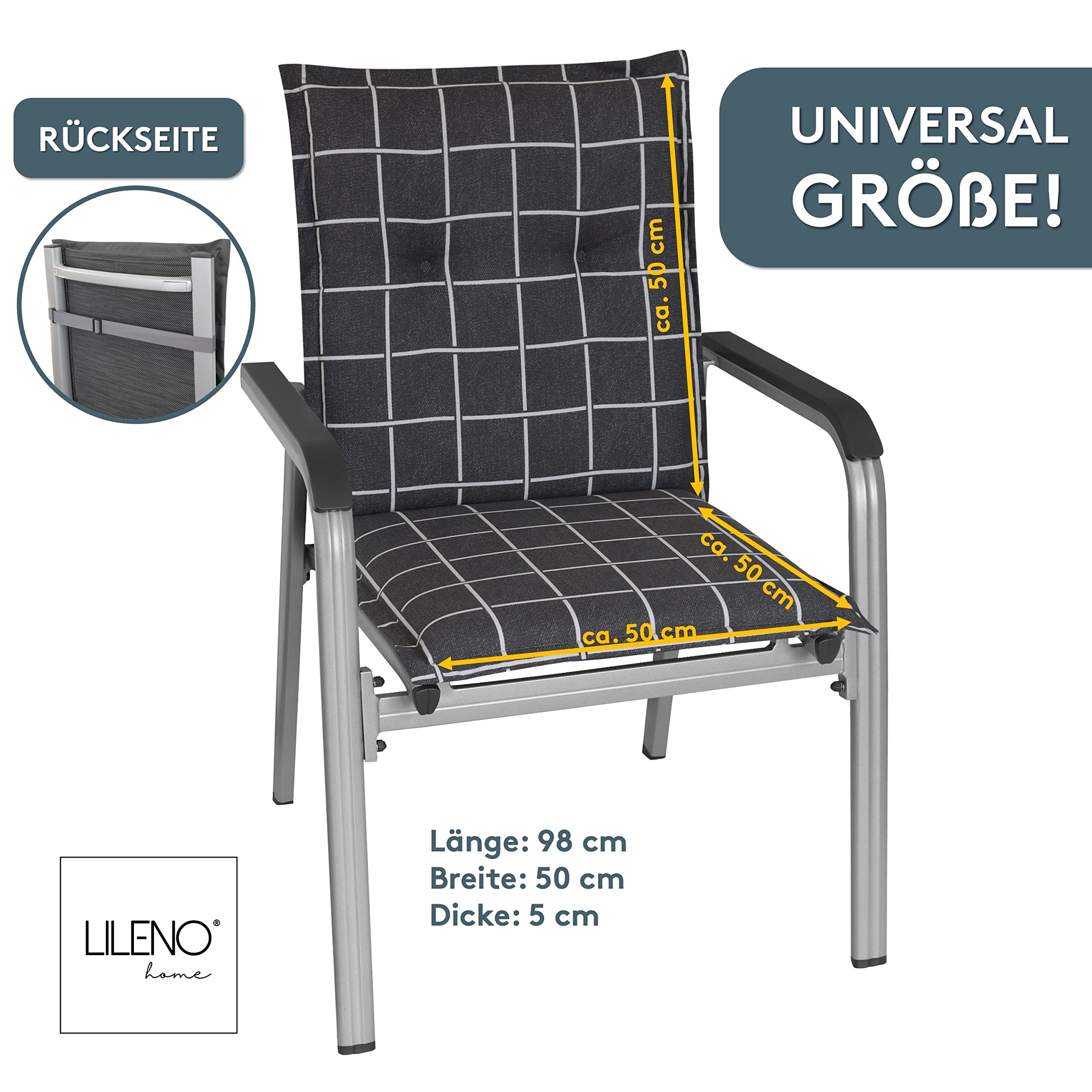 LILENO HOME Tuinstoelkussens als 1-delige set - stoel met lage rugleuning, in antraciet, comfortabele kussens als zitkussens voor tuinmeubelen, stoelkussens voor tuinstoelen en klapstoelen