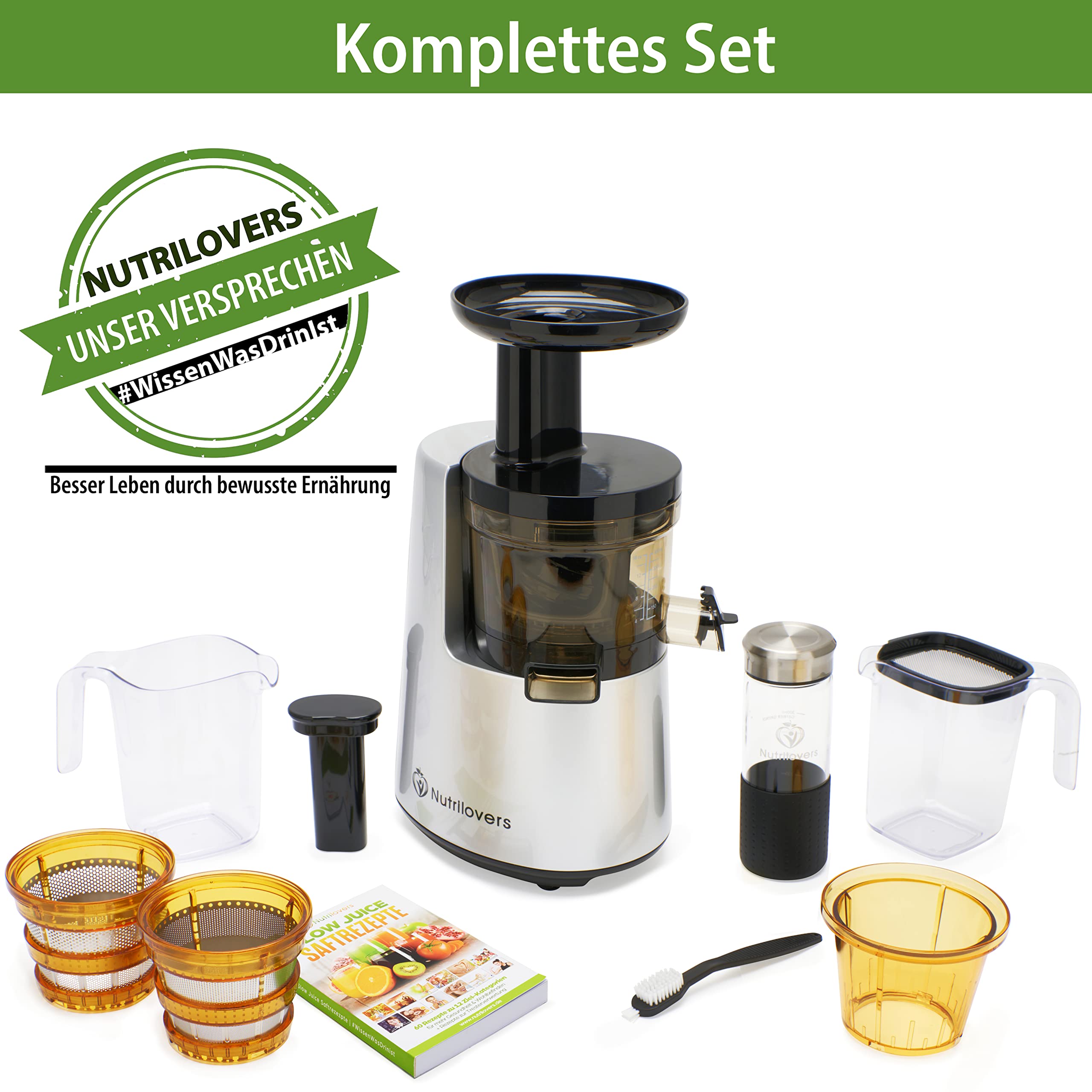 Nutrilovers Entsafter Slow Juicer NUTRI-PRESS NO.1 Testsieger Saftausbeute 3 Siebe Saft, Smoothie, Frucht-Eis, Sehr leise, BPA-Frei