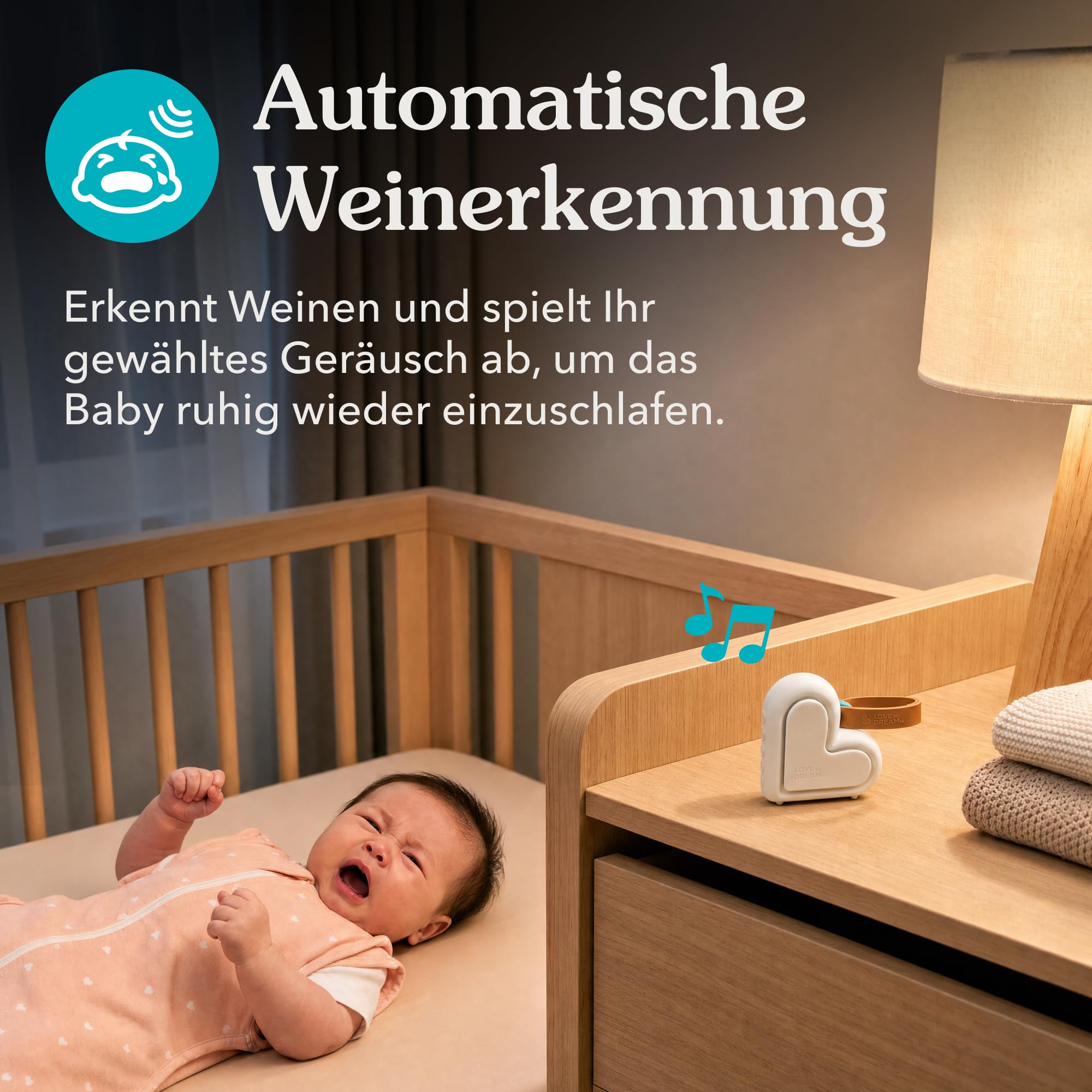 Love To Dream™ Tragbares Babyschlafgerät | Weißes Rauschen & Schlaflieder | 9 beruhigende Babygeräusche mit Nachtlicht | Kompakt, einstellbare Lautstärke & Schreierkennung