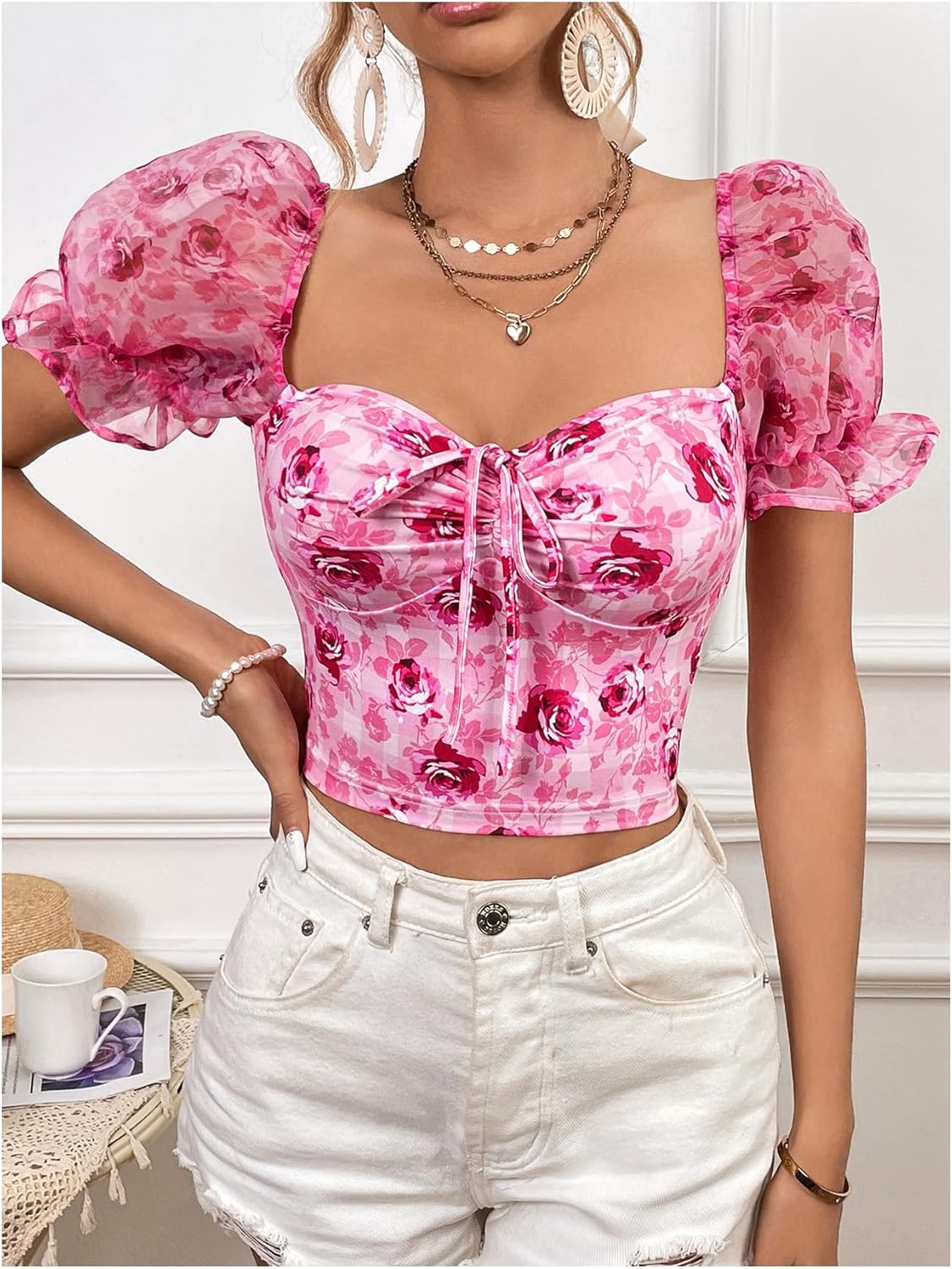 MakeMeChic Women's Floral Puff Sleeve Crop Tops Sweetheart Bow Tie Front Ruched Blouse - Image 4