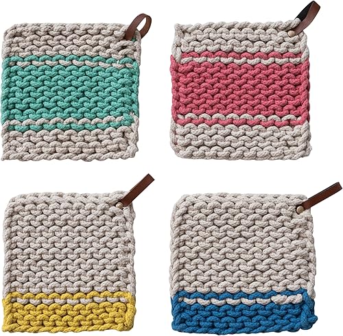 Miniatura 7 de Creative Co-Op Mango cuadrado de cuero de ganchillo de algodón de color sólido de 8 pulgadas para cocinar, multicolor, juego de 4 soportes para ollas