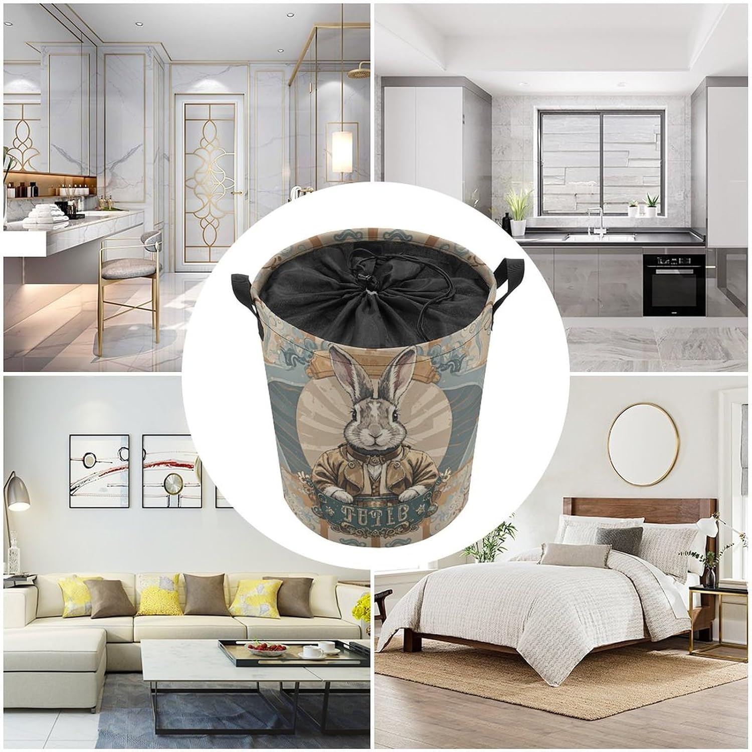 Retro Style Rabbit Laundry Bag Large Collapsible Laundry Baskets Freestanding Waterproof Clothes Hamper with Handles & Drawstring for Laundry Room Bedroom Bathroom