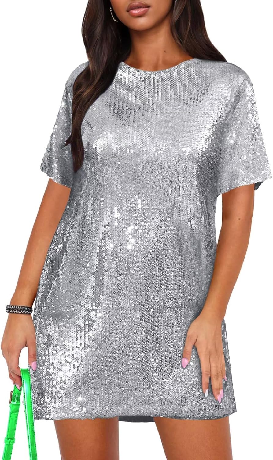 Ophestin Women's Sparkly Sequin T Shirt Dress Short Sleeve Crewneck Tie Backless Glitter Party Club Dresses