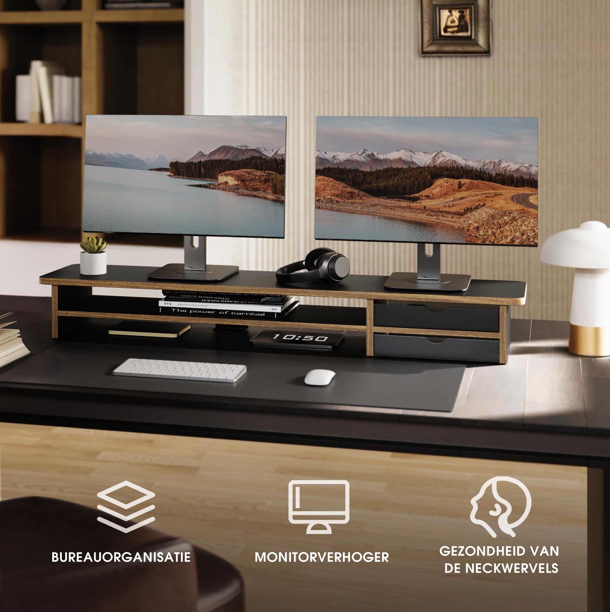 Fenge Supporto per Doppio Monitor con 2 Acrilico Cassetti, Supporto per Monitor in Legno per PC/Laptop/stampante 108x23,5x14cm (Nero)