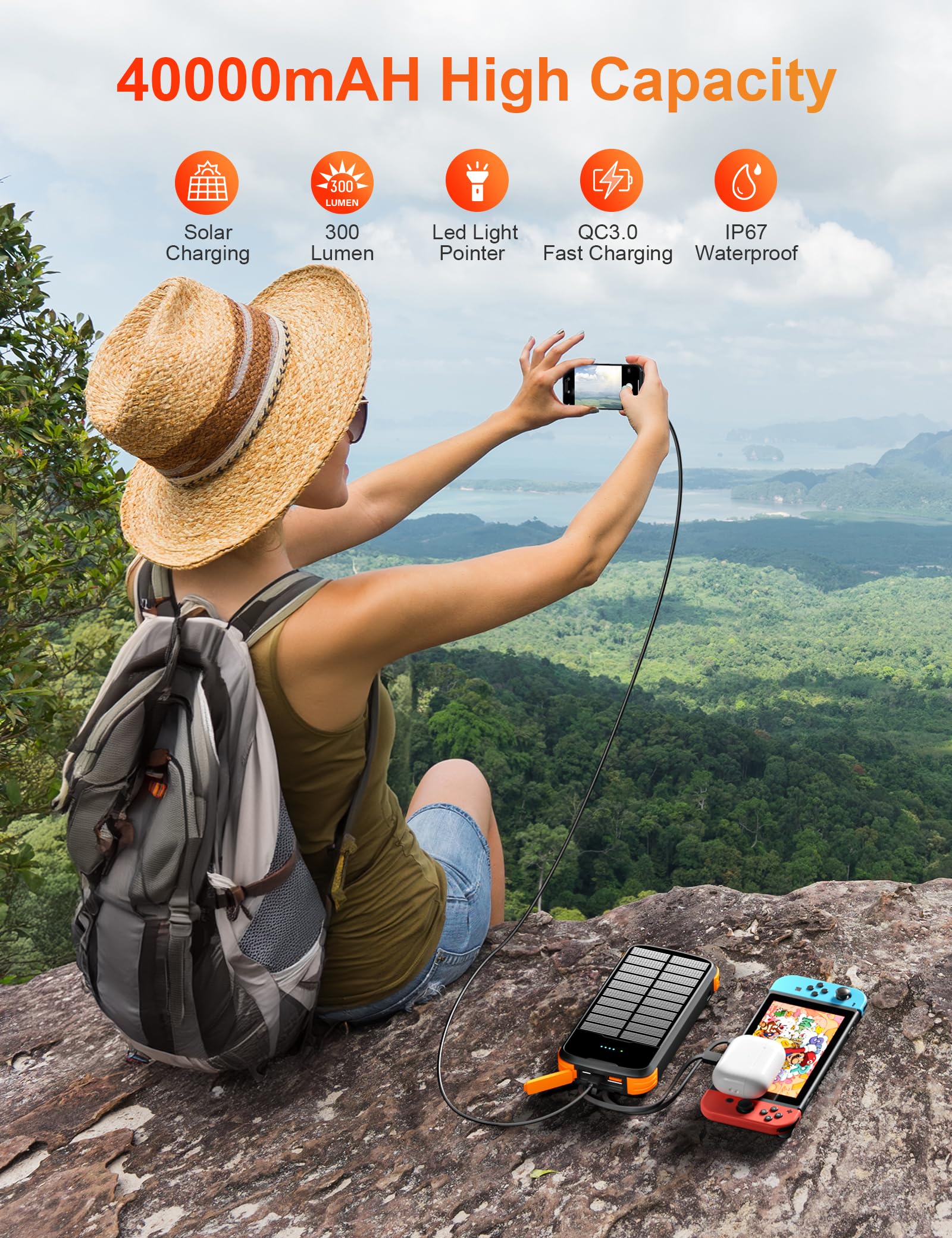 MINRISE Solar Power Bank 40000mAh, Tragbares Ladegerät PD 20W Schnellladegerät Solar Ladegerät Power Bank Eingebaute 4 Kabel und USB-C in/Ausgang, Camping Essentials Externer Akku Pack mit