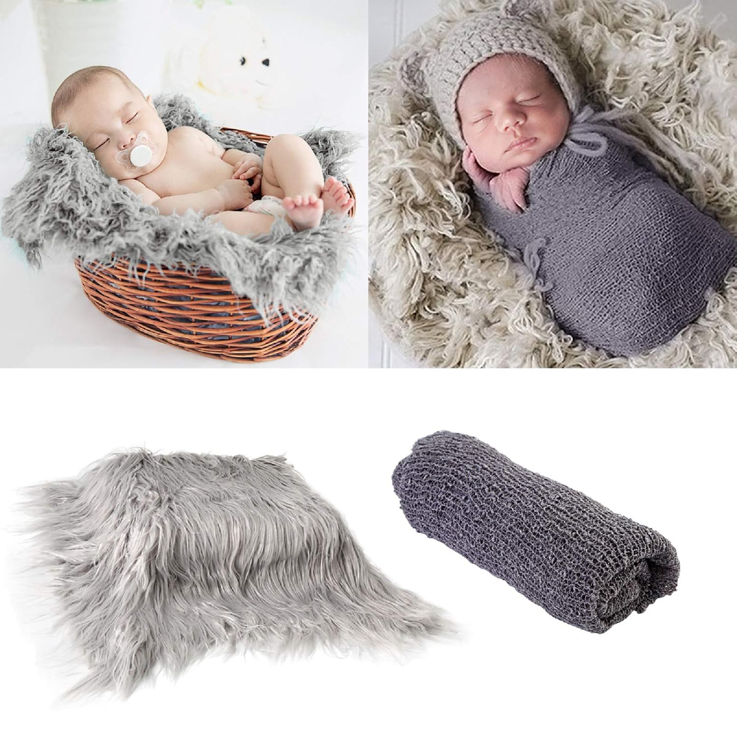 2Pcs Baby Newborn Photo Props Wraps & Photography Mat, DIY Newborn Baby Photo Blanket Swaddle Photography Props Wraps, Infant Soft Faux Fur Photography Backdrops Mat Rug for Baby Boys Girls …