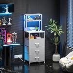 VERMESS Tall Nightstand with 3 Fabric Drawers, Bedside Table with Charging Station & LED Light, Side Table with Open Book Shelf, Small End Table for Bedroom, Chest of Drawers, White