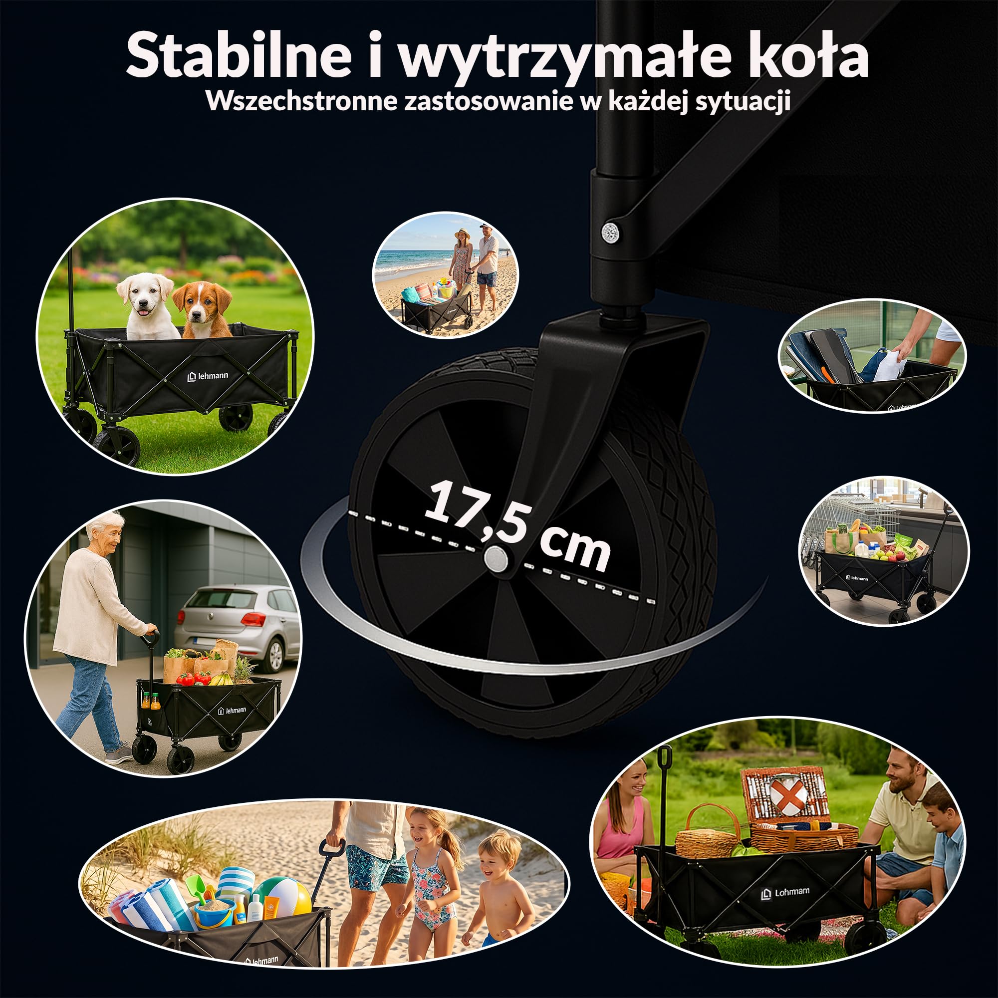 LEHMANN MOBI 110L – składany wózek transportowy do 80 kg, wózek ręczny z kołami 360°, wózek plażowy, wózek ogrodowy, składany wózek na zakupy