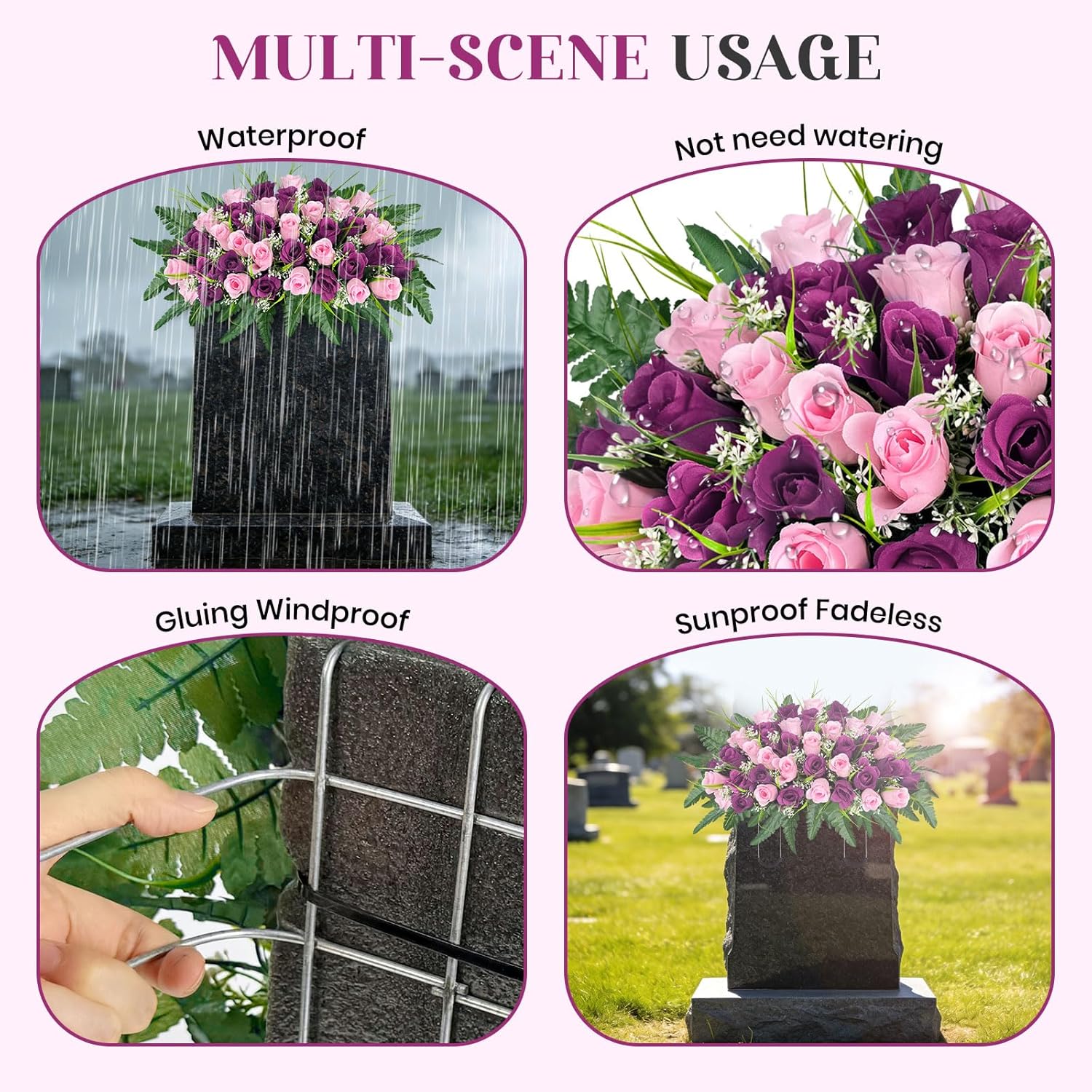 ICX Cemetery Headstone Flower Saddle, Artificial Cemetery Flowers for Grave, Memorial Day Rose Flowers, Grave Flowers for Outdoor Tombstone Decorations for Remberance (Pink)