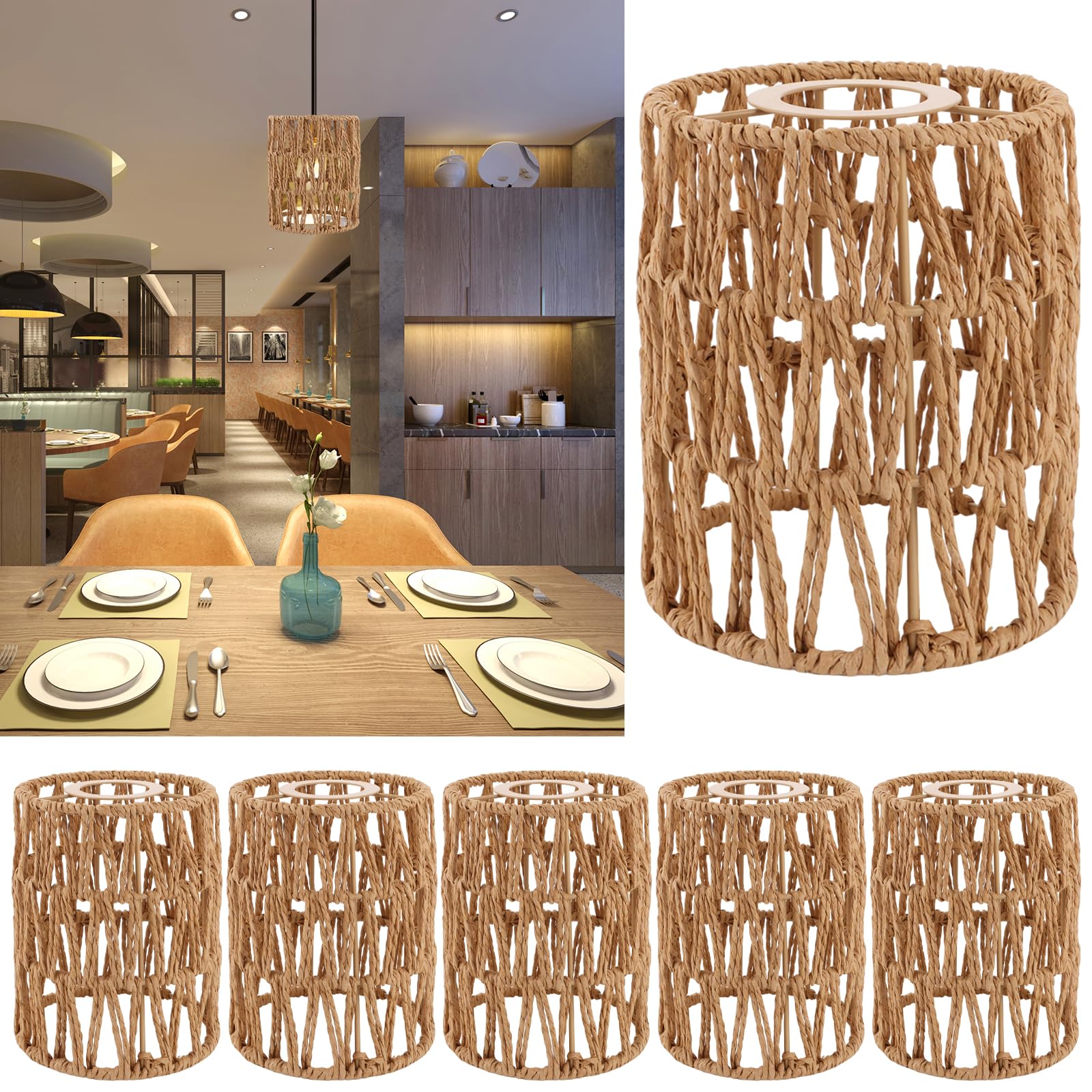 AKOLAFE 6 Stück Lampenschirm Hängelampe Boho 12x12x15cm Lampenschirm Rattan Papierlampenschirm Ersatzschirm Zubehör für Stehlampe, Tischlampe, Pendelleuchten, Hängelampenschirme