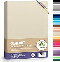Leevitex Colourful Fitted Jersey Sheet for Water Beds and Box Spring Beds, 200 cm x 220 cm, Base Height 40 cm, Made of 100% Cotton, Approximately 160 gsm, Cream / Natural White, 200 x 220 cm