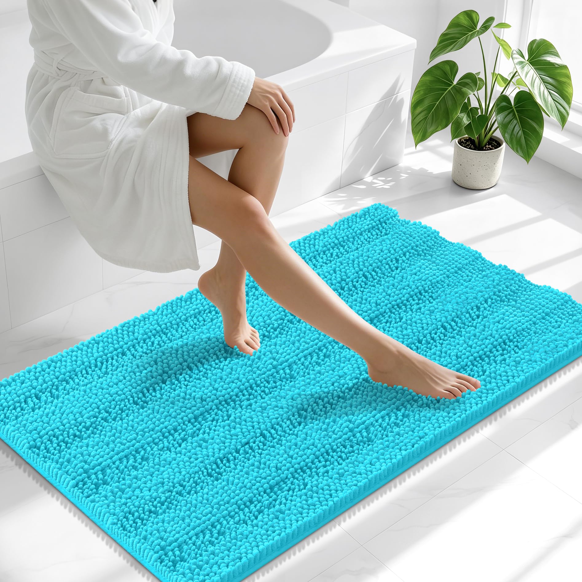 Smiry Thick Chenille Bathroom Runner Rugs 44x24, Soft Bath Mat, Aqua Sky