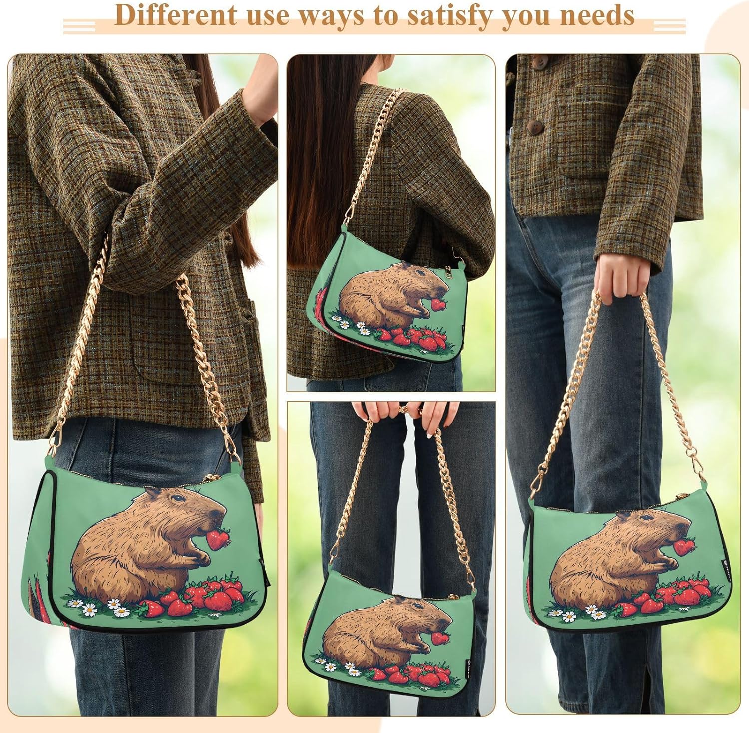 Capybara Eating Strawberry Chain Shoulder Bag Hobo Tote Handbag Mini Clutch Purse with Zipper Closure for Women