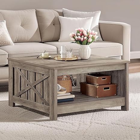 DWVO Square Coffee Tables for Living Room Farmhouse Coffee Table with Storage, 2-Tier Wood Center Table with Half Open Storage Compartment for Home Decor, Office, Rustic Grey