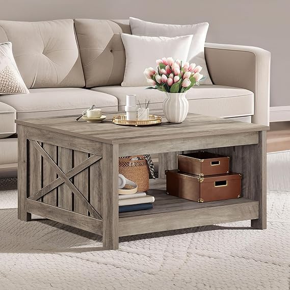 DWVO Square Coffee Tables for Living Room Farmhouse Coffee Table with Storage, 2-Tier Wood Center Table with Half Open Storage Compartment for Home Decor, Office, Rustic Grey