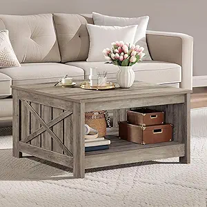 DWVO Square Coffee Tables for Living Room Farmhouse Coffee Table with Storage, 2-Tier Wood Center Table with Half Open Storage Compartment for Home Decor, Office, Rustic Grey