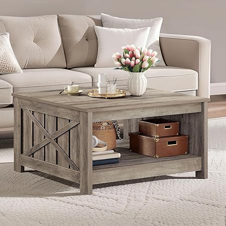 DWVO Square Coffee Tables for Living Room Farmhouse Coffee Table with Storage, 2-Tier Wood Center Table with Half Open Storage Compartment for Home Decor, Office, Rustic Grey