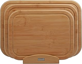 Cooks Professional Index Chopping Board Set | Set of 3 Bamboo Chopping Boards with Stand | Wooden Cutting Boards for Fruit & Vegetables | Cooked Food | Bread | Natural