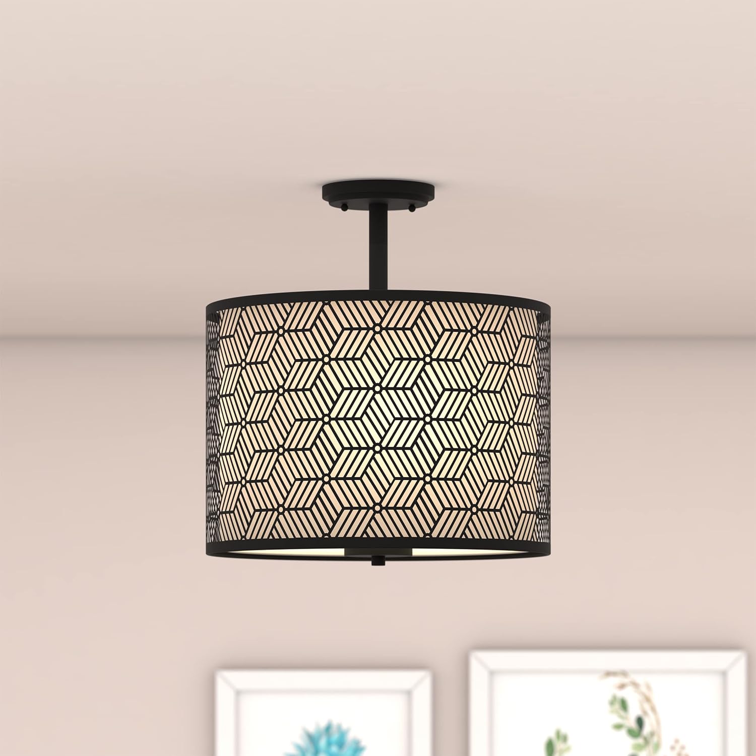 Inlight 14" Wide 3-Light Modern Drum Semi Flush Mount Ceiling Light with Black Metal Frame and White Fabric Shade, Bulb Not Included, IN-0347-3-BK