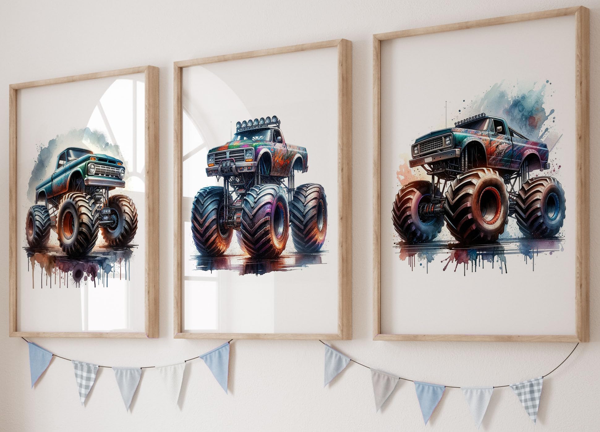 Monster Trucks Set of 3 Unframed Poster Prints for Boy Girl Nursery Bedroom Playroom Watercolour Design, Wall Art Cars Decor