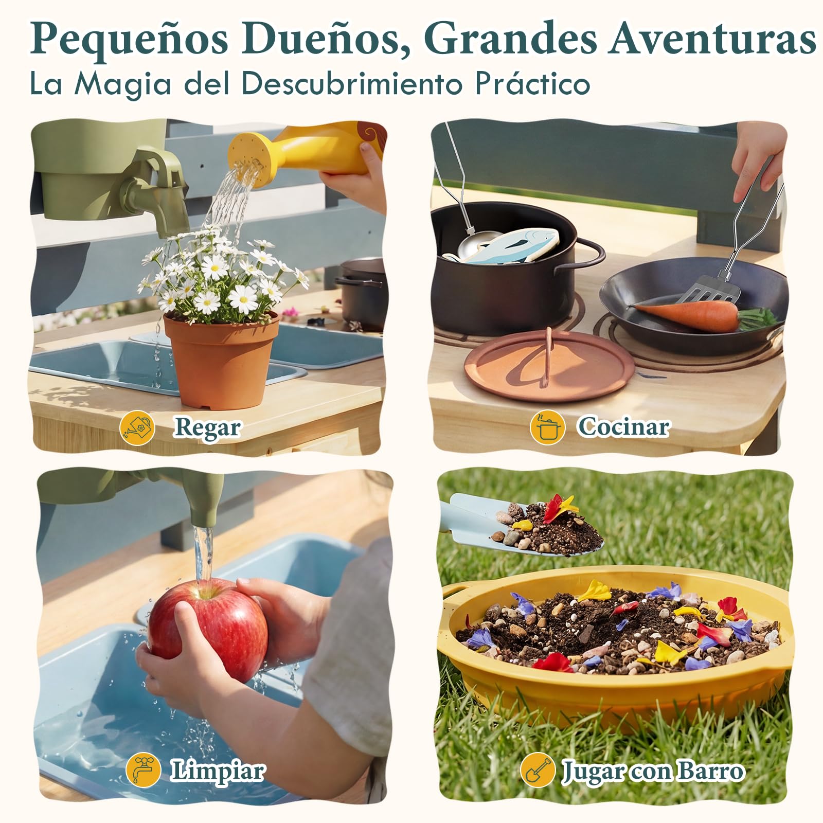 Lehoo Castle Cocina de Barro Infantil para Exterior, Mud Kitchen Juego Sensorial de Madera con Grifo y Fregadero Real, Juguete Montessori de Agua y Jardinería para Niños 3+ Años
