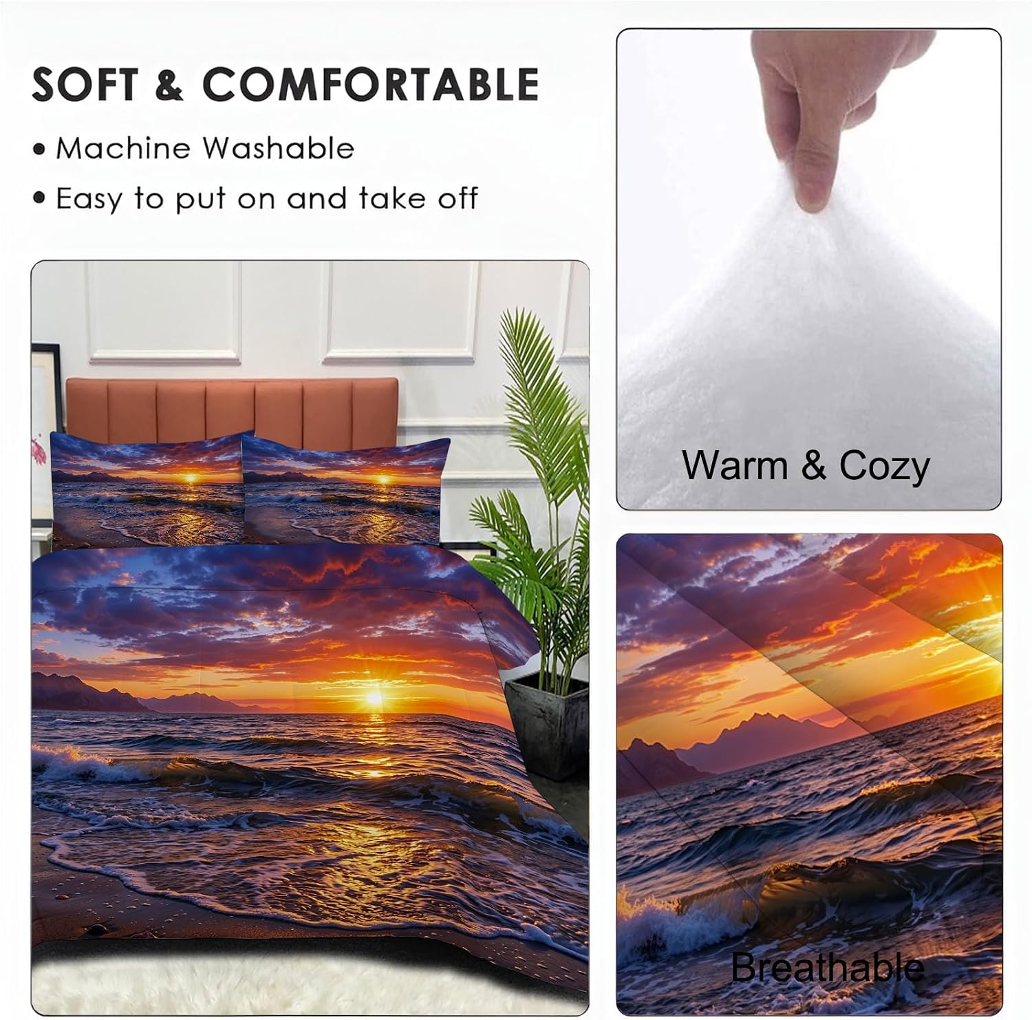 Realistic Seascape Comforter Set King Size, Beach Sunset Bedding Set for Girls Boys, Orange-Red Quilt Bed 104"X90" Bedding Comforter Sets with 2 Pillowcase Room Decor
