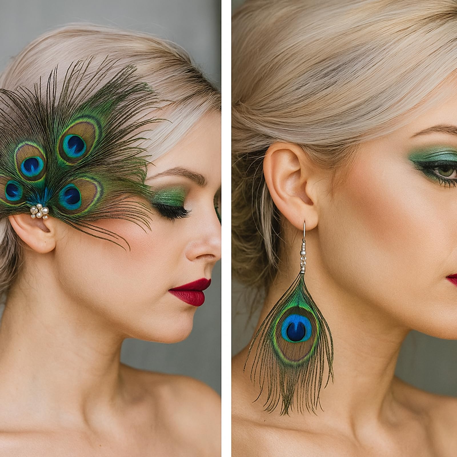 3Pcs Peacock Feathers Set, Feather Hair Clip and Earrings, Vintage Headband Hair Clip for 1920s Theme Parties, Carnivals - Image 3