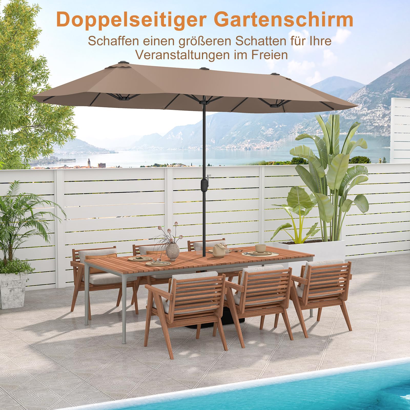 GOPLUS Doppelsonnenschirm mit Ständer, 400 x 200 cm XXL Sonnenschirm, Terrassenschirm mit Kurbel, UPF 30+, Balkonschirm groß, Gartenschirm, Marktschirm Oval für Garten, Terrasse & Pool, Braun