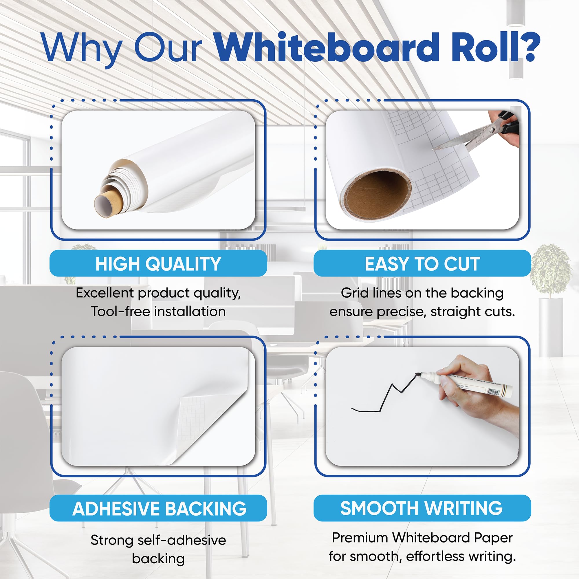 Vinilo Pizarra Blanca Adhesiva para Pared 335 x 90 cm, Rollo de Papel Pizarra Autoadhesivo Antimanchas, Borrado en Seco para Oficina, Hogar y Escuela