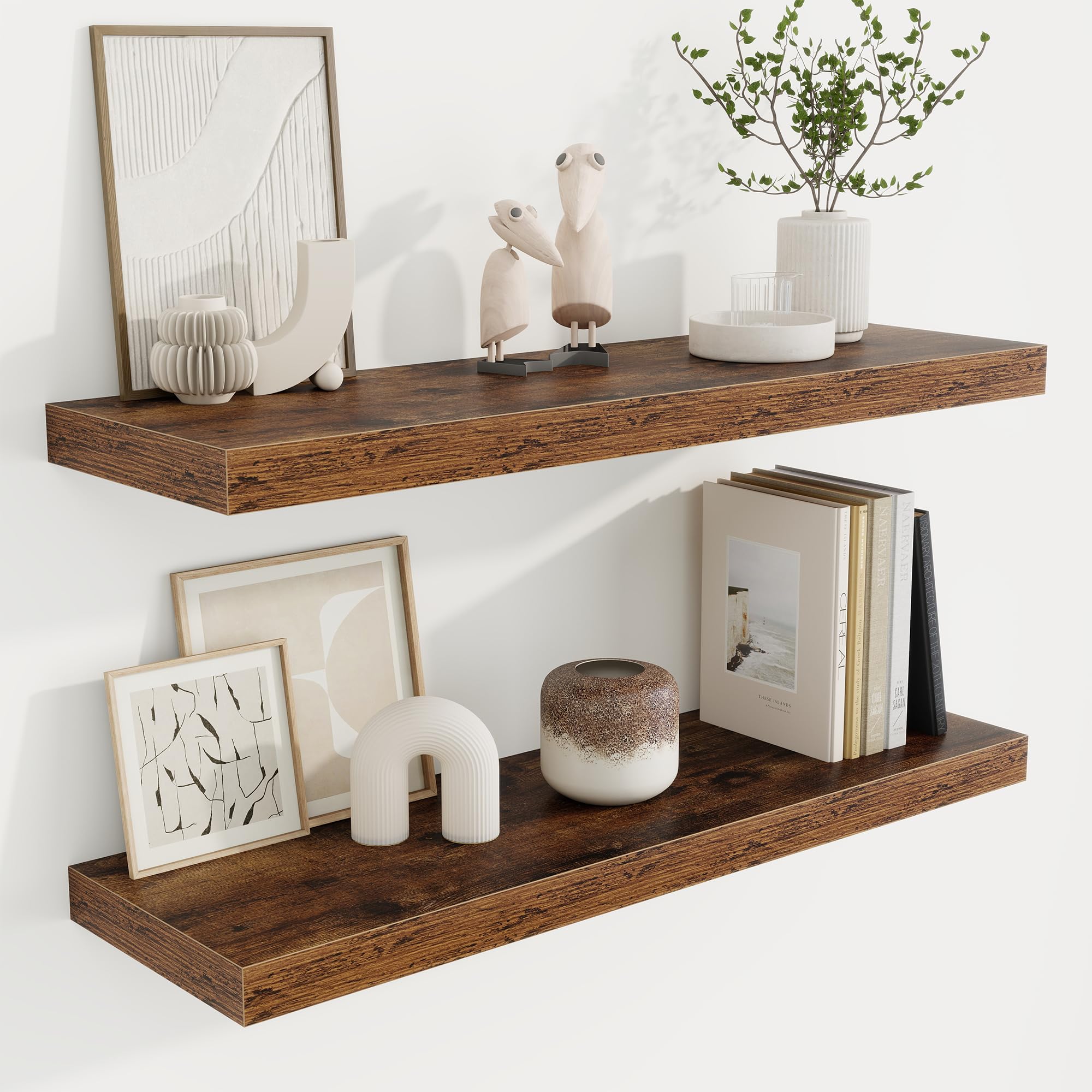 Acovy 80cm Floating Shelves, 23.5cm Deep Floating Shelf Wall Mounted, 80cm Wall Shelves, Rustic Deep Bookshelf, Large Display Shelves & Storage Shelves for Bedroom, Living Room, Brown, Set of 2 — image 1