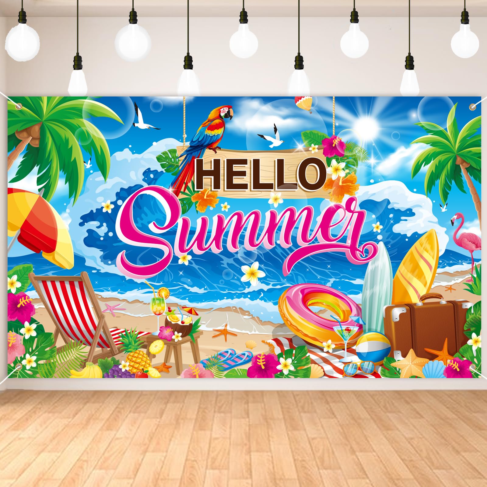 Qpout Summer Party Decorations,Colorful Hello Summer Backdrop Banner,72 x 43 inch Hawaiian Tropical Beach Party Background,Luau Decorations Supplies