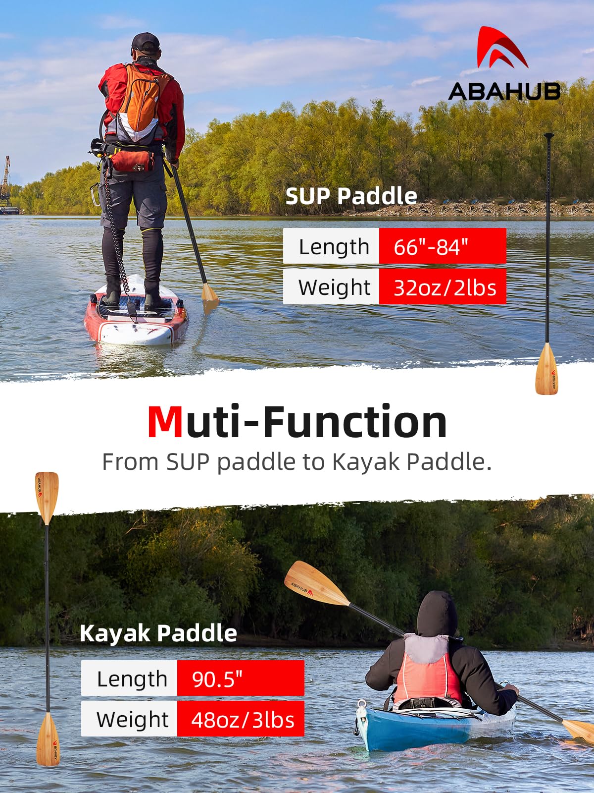 Abahub 4-delige Carbon SUP Kajak Peddel 2 in 1 verstelbare Sup Kayak Paddle stand-up paddleboard peddel, Lichte Carbon Schacht Kunststof Blad Zwart/ Blauw/Groen/Grijs/Oranje