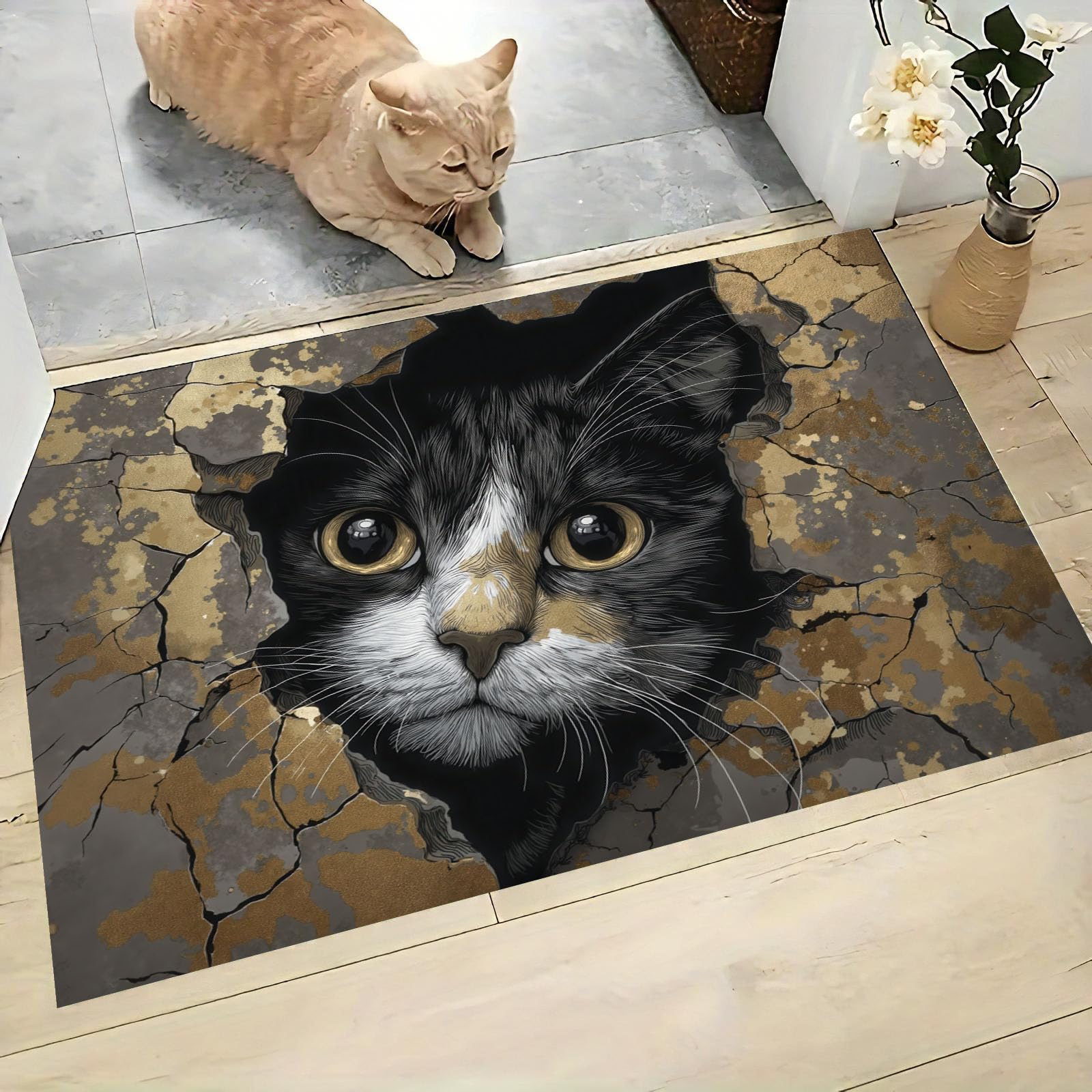 Tapis de porte intérieur chat texture relief luxe noir et or grand tapis d'entrée absorbant