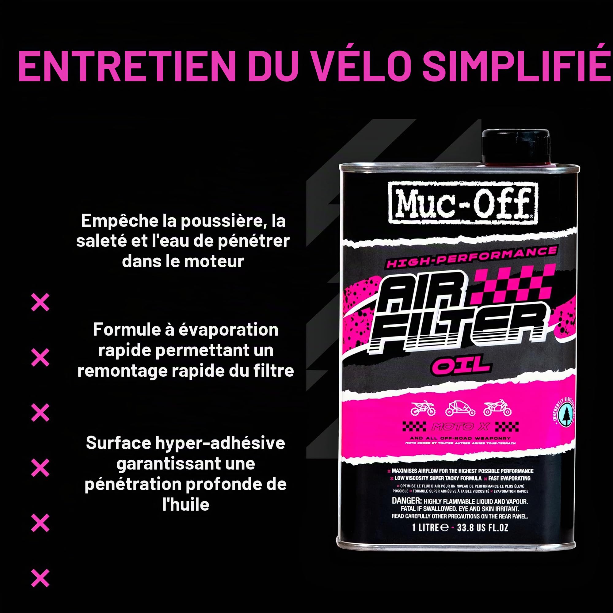 Muc-Off Huile pour Filtre à Air pour Motocross et Véhicules de Sports Motorisés - 1 Litre - Huile pour Filtre à Air Moto - Optimise le Flux d'Air et Aide à Prolonger la Durée de Vie du Moteur