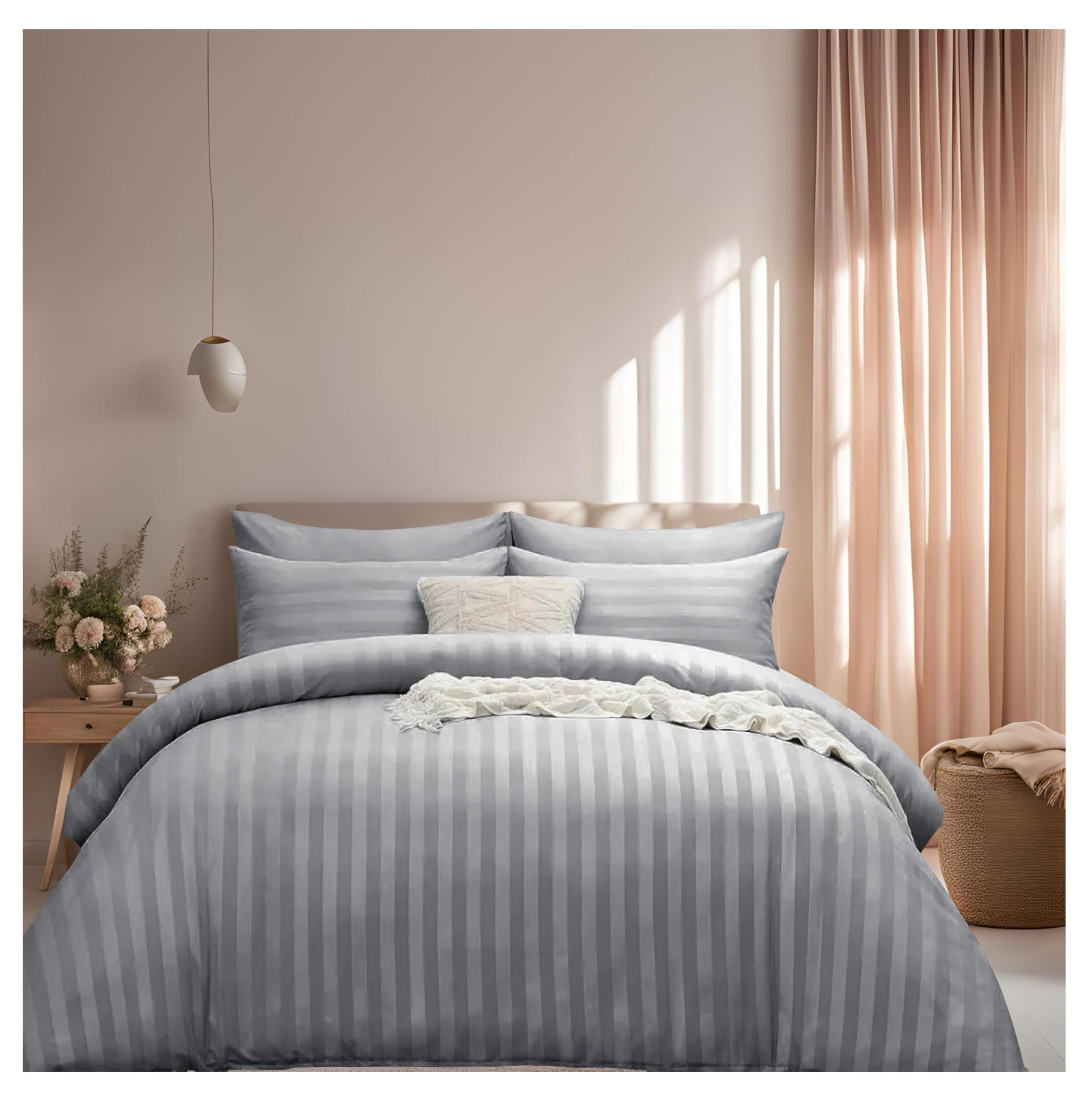 J.din Light Grey Super King Size Satin Stripe Reversible Duvet Cover Sets, Silver Grey