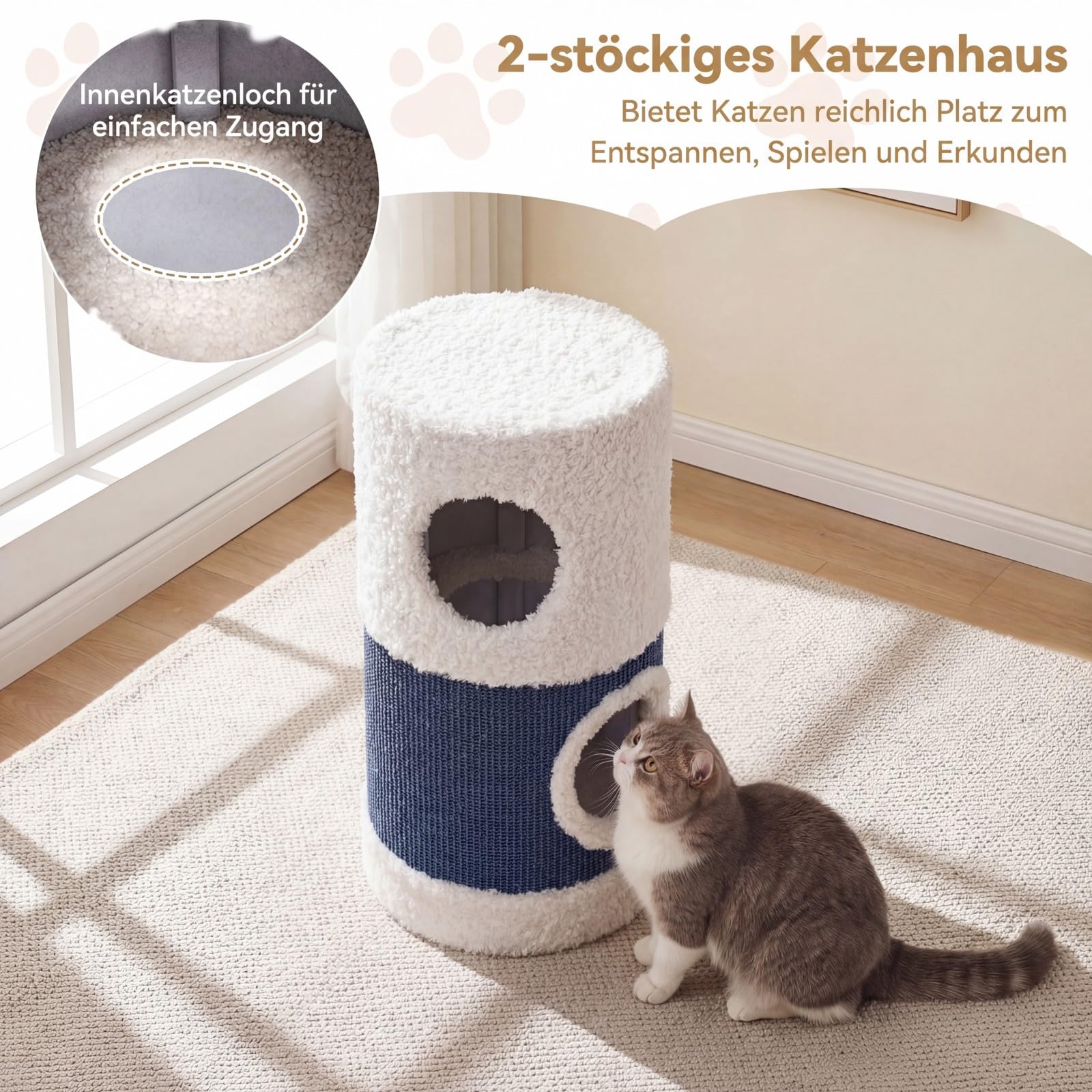 COSTWAY Kratztonne, Ø 35 cm, 66 cm hoch, Katzentonne mit Sisal-Kratzmatte, 2 Katzenhöhlen, Bett & Plüschrand, Kratzbaum für kleine und mittelgroße Katzen, Katzenbaum bis 15 kg, Blau